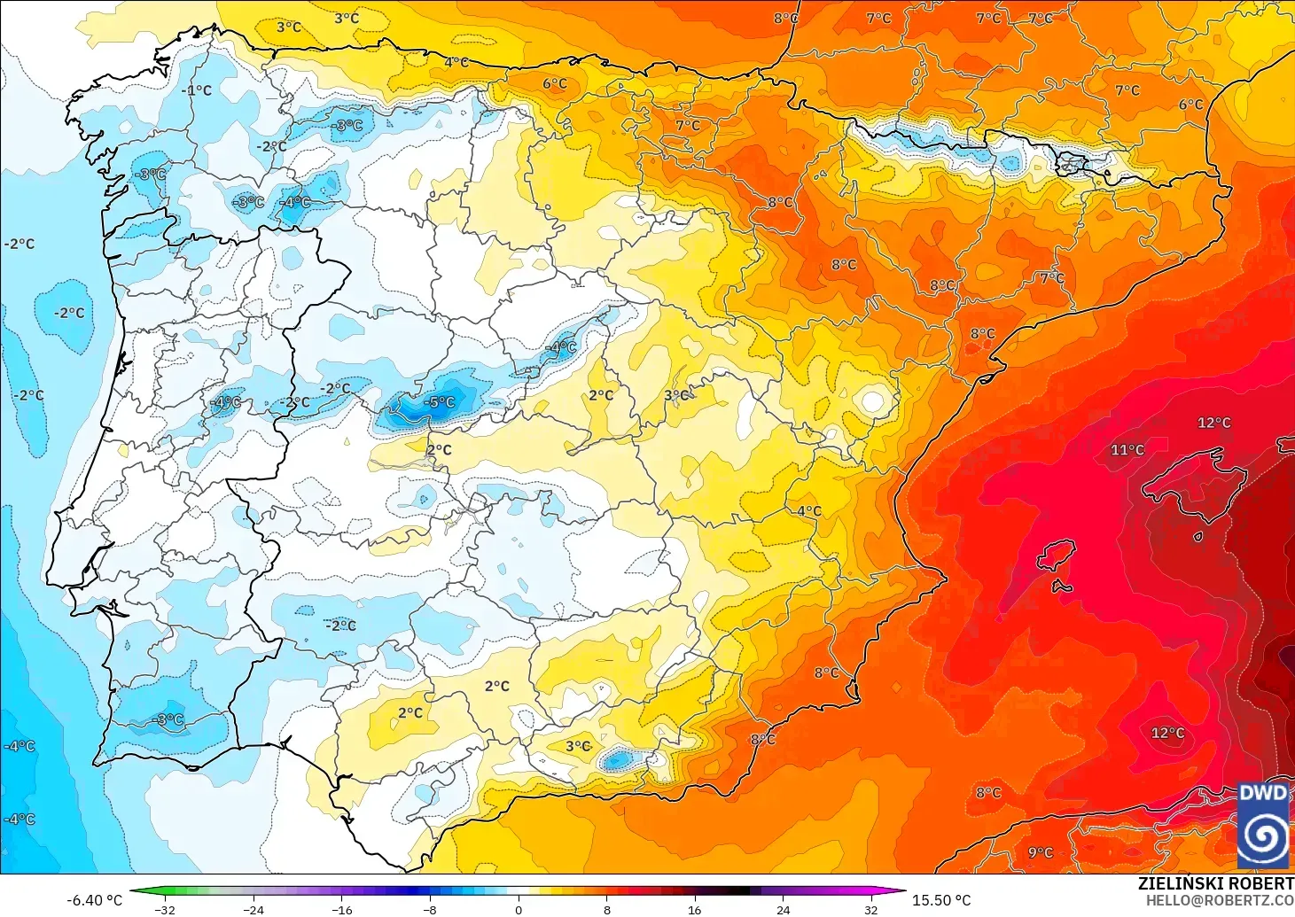 ICON モデル - スペイン, 気温異常（850hPa）