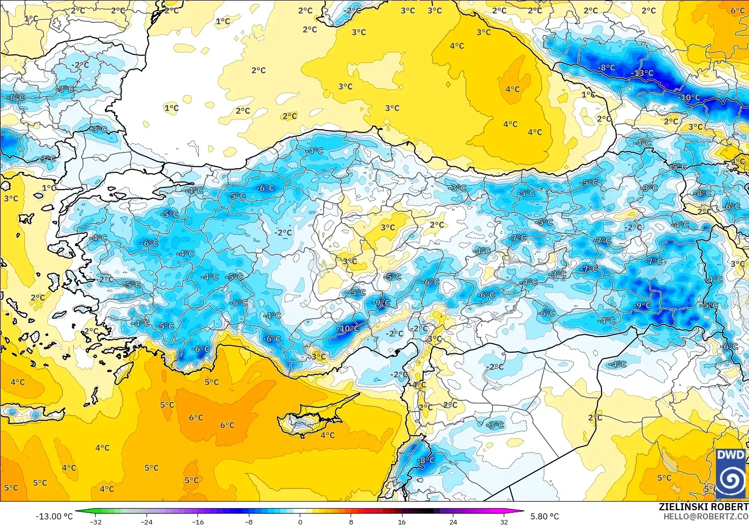 ICON モデル - トルコ, 気温異常（850hPa）