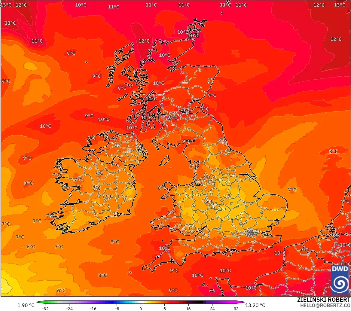 ICON モデル - イギリス, 気温異常（850hPa）
