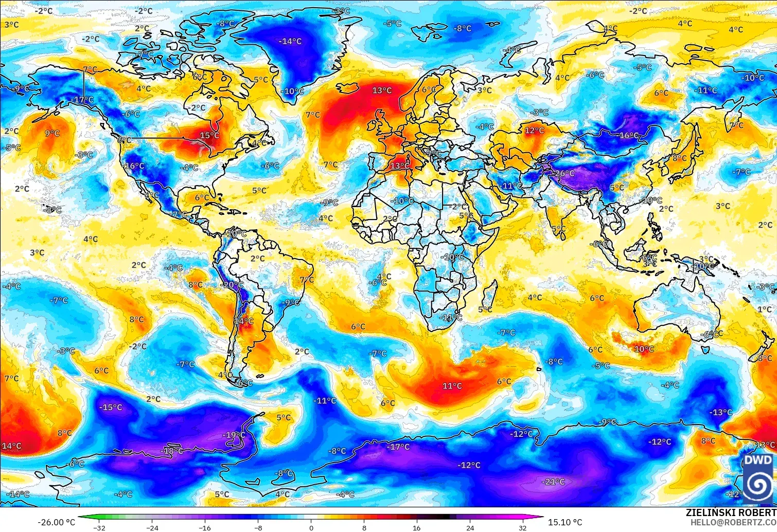 ICON モデル - 世界, 気温異常（850hPa）