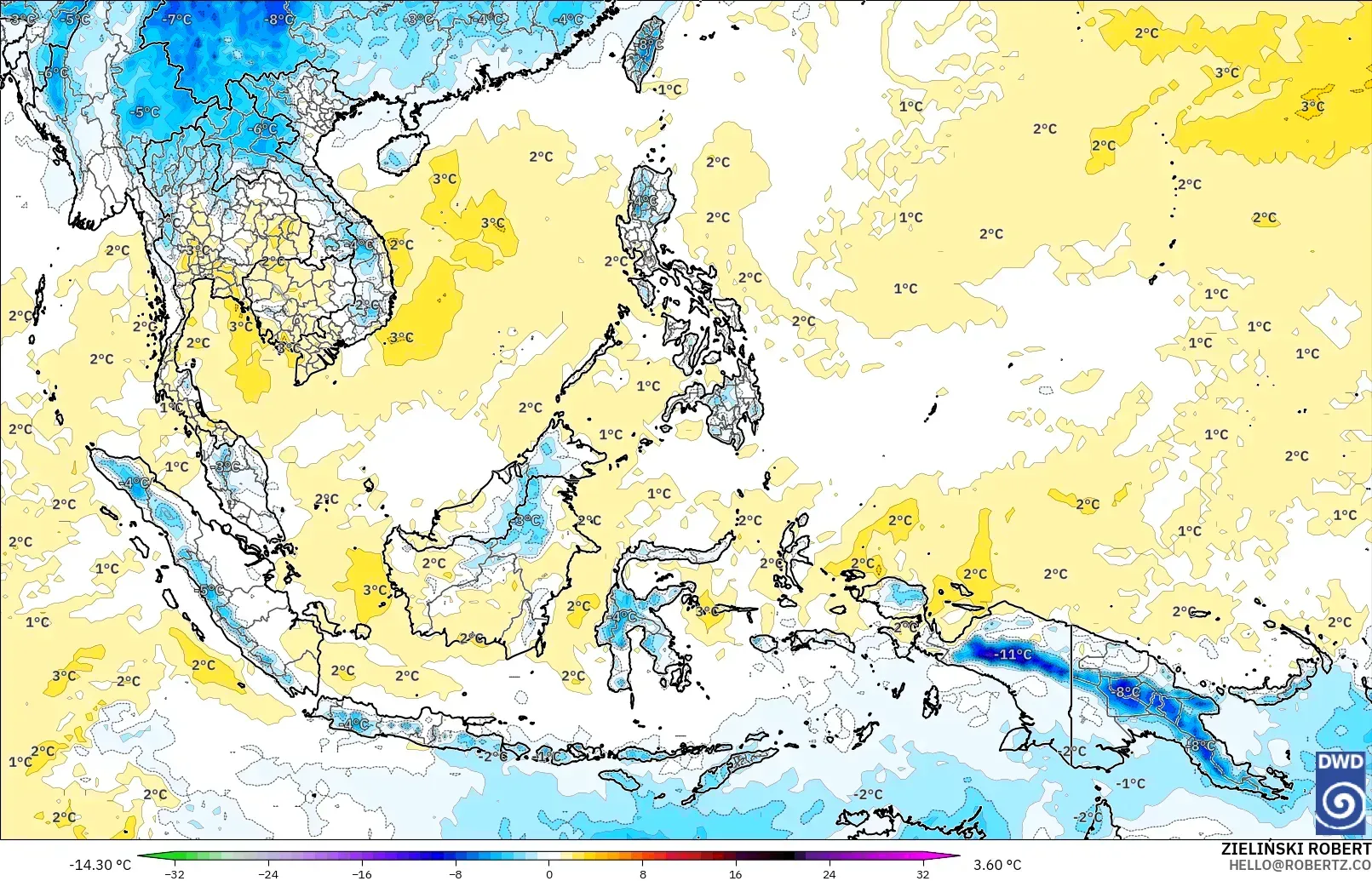 ICON モデル - 東南アジア, 気温異常（850hPa）