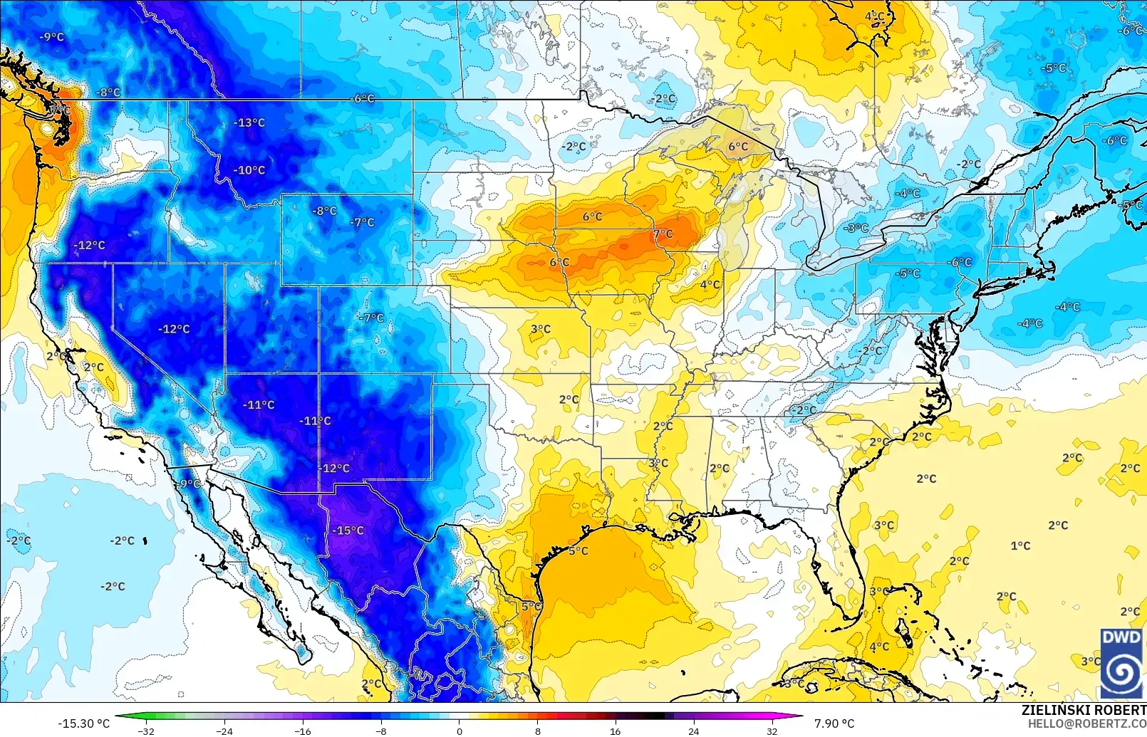 ICON モデル - アメリカ合衆国, 気温異常（850hPa）