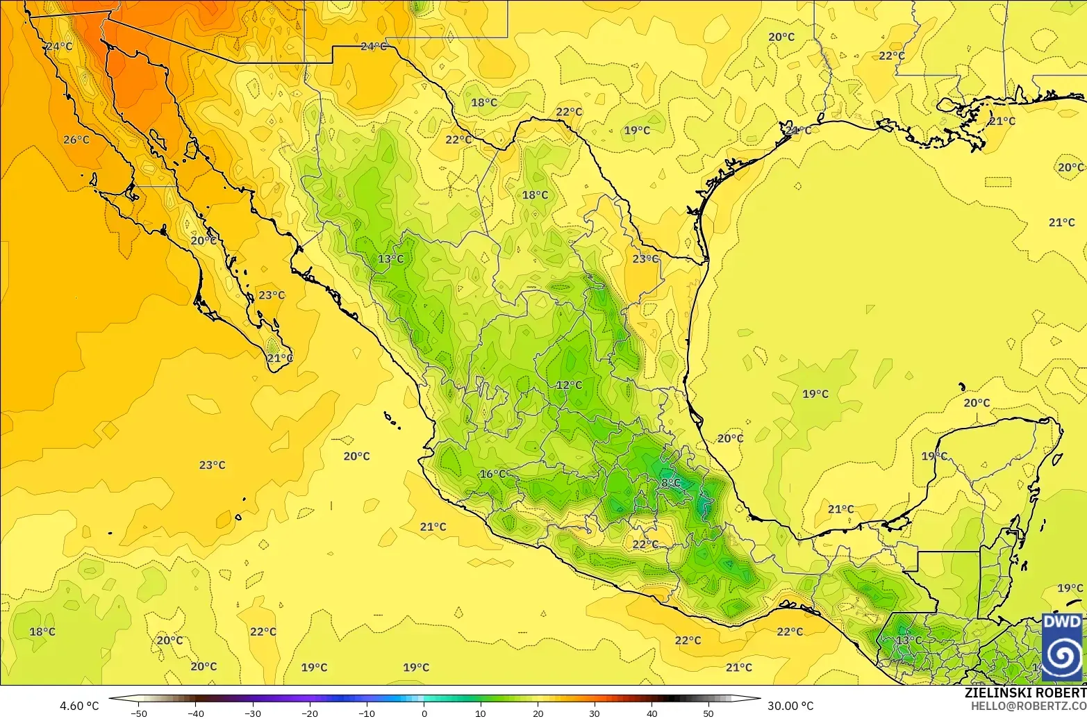 ICON モデル - メキシコ, 気温（850hPa）