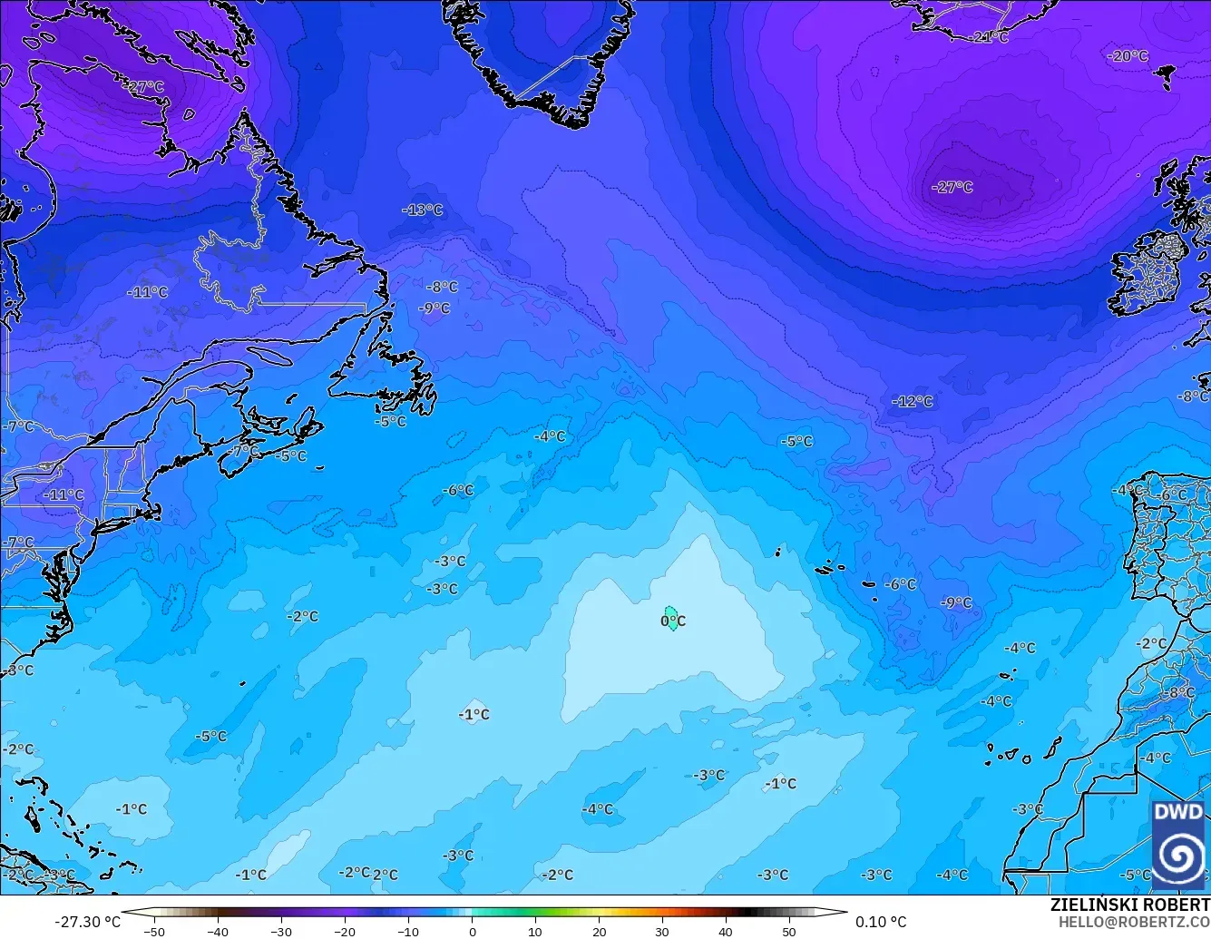 ICON モデル - 北大西洋, 気温（500hPa）