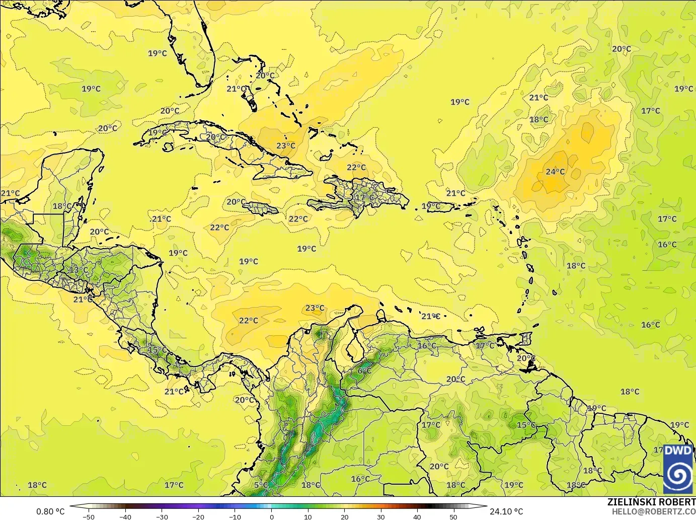 ICON モデル - カリブ海, 気温（850hPa）