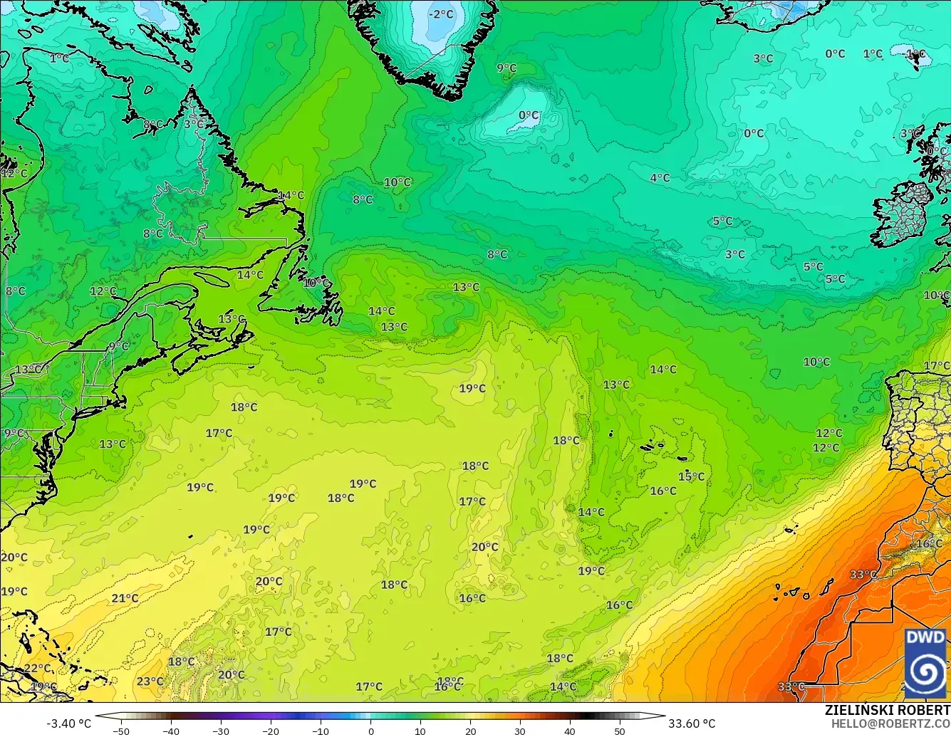 ICON モデル - 北大西洋, 気温（850hPa）