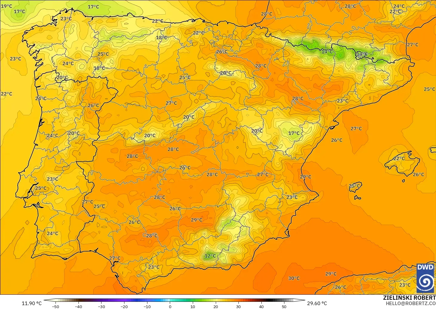 ICON モデル - スペイン, 気温（850hPa）