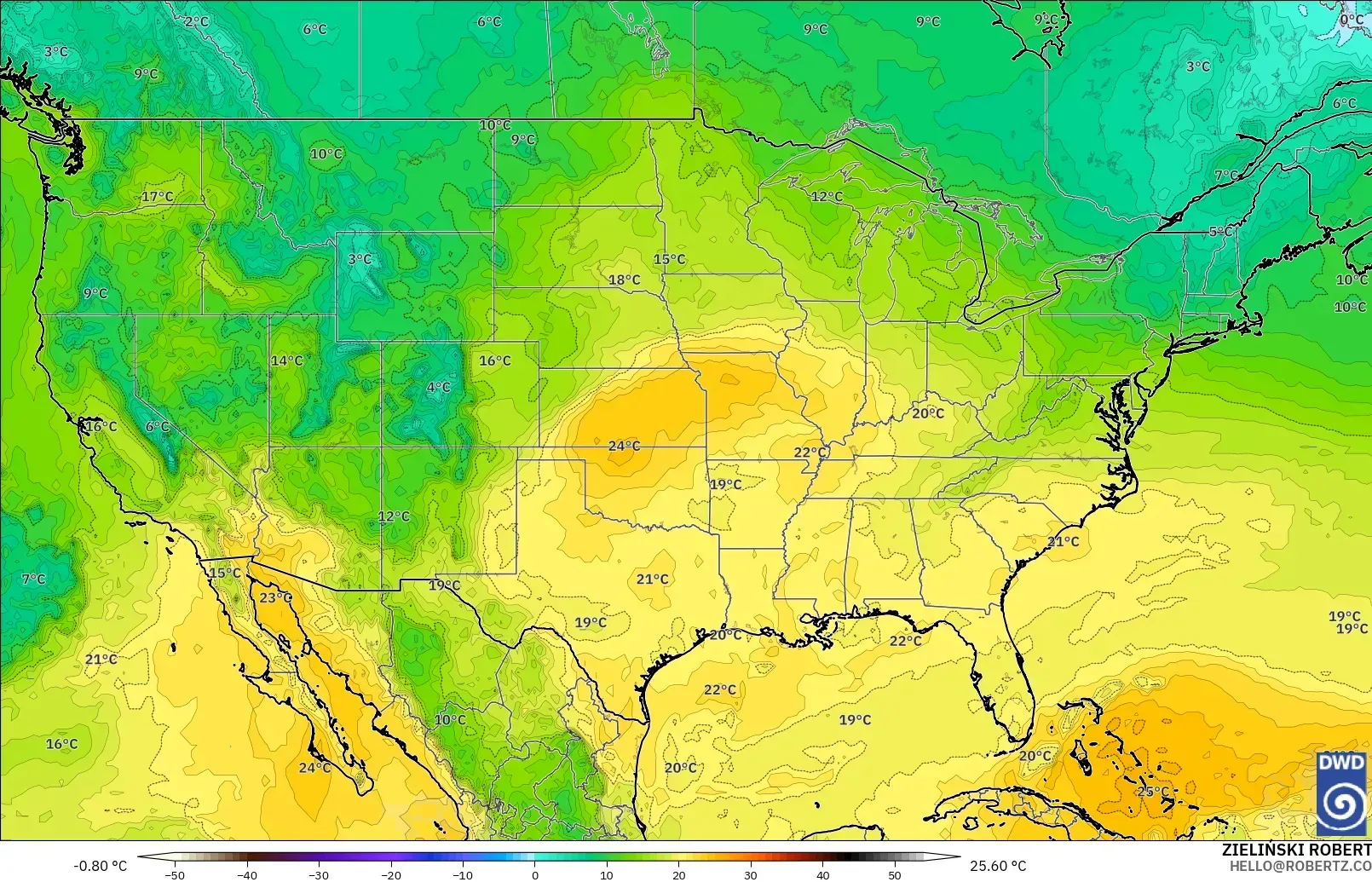 ICON モデル - アメリカ合衆国, 気温（850hPa）