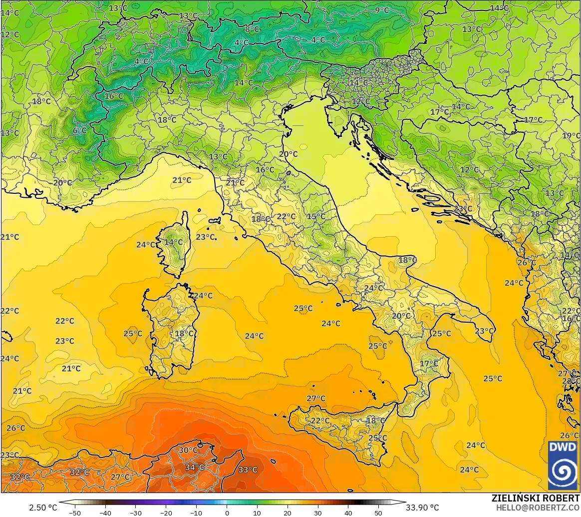 ICON モデル - イタリア, 気温（850hPa）