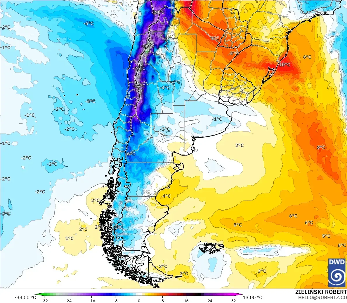 ICON モデル - アルゼンチン, 気温異常（850hPa）