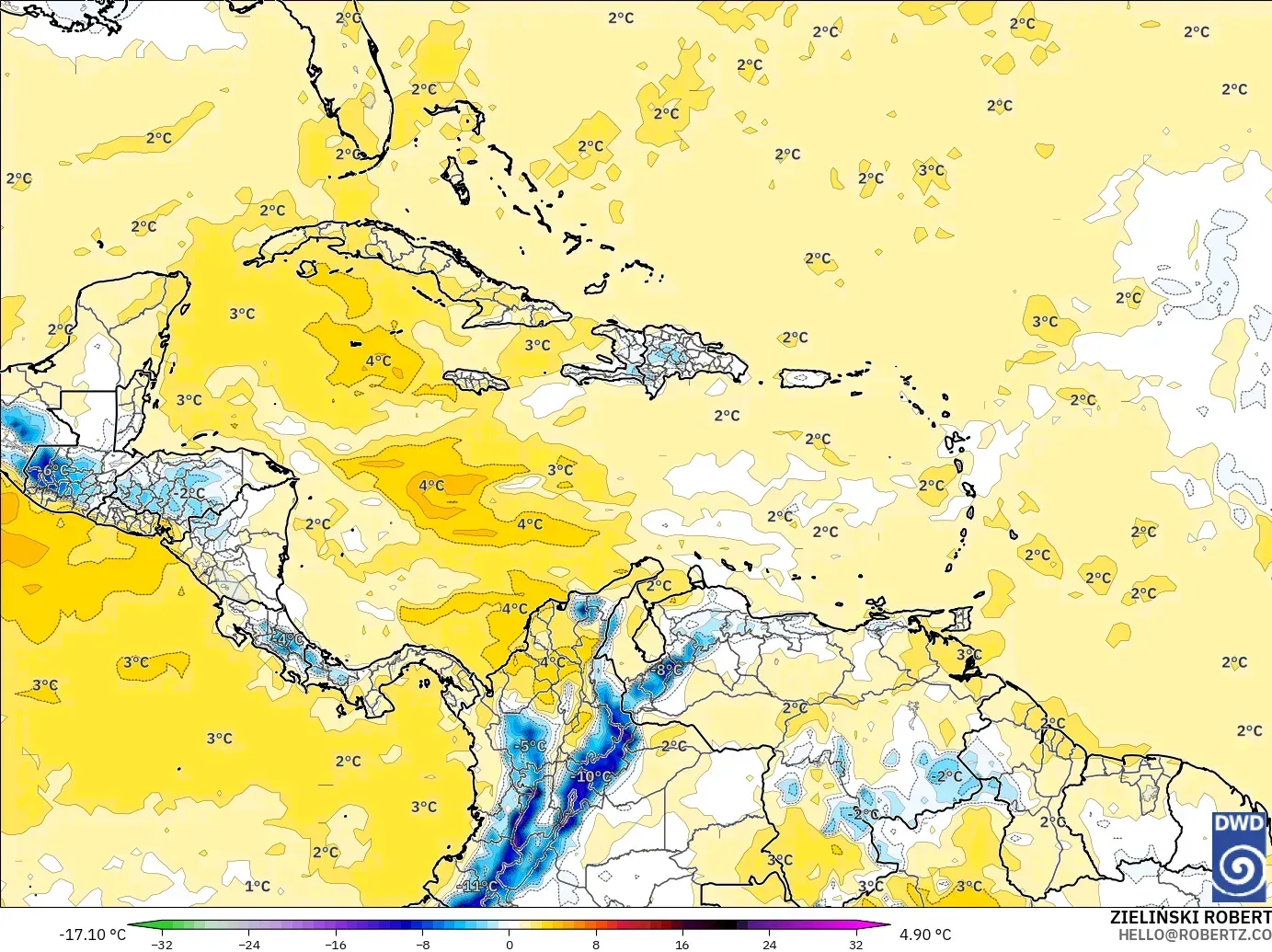 ICON モデル - カリブ海, 気温異常（850hPa）