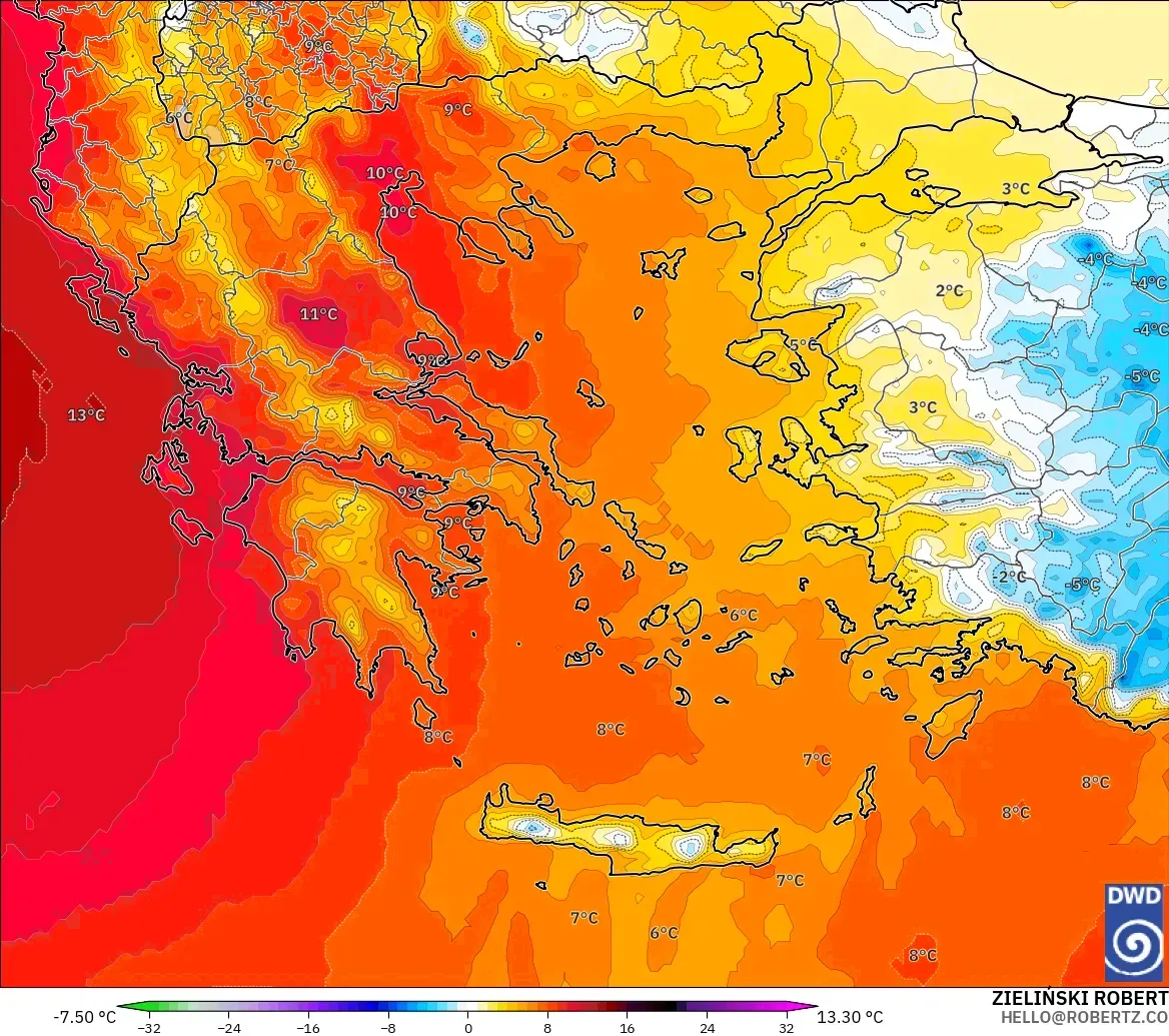 ICON モデル - ギリシャ, 気温異常（850hPa）