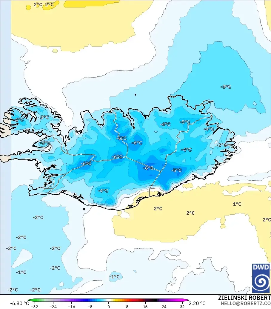 ICON モデル - アイスランド, 気温異常（850hPa）
