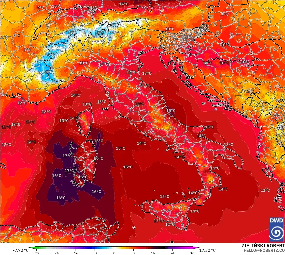 ICON モデル - イタリア, 気温異常（850hPa）