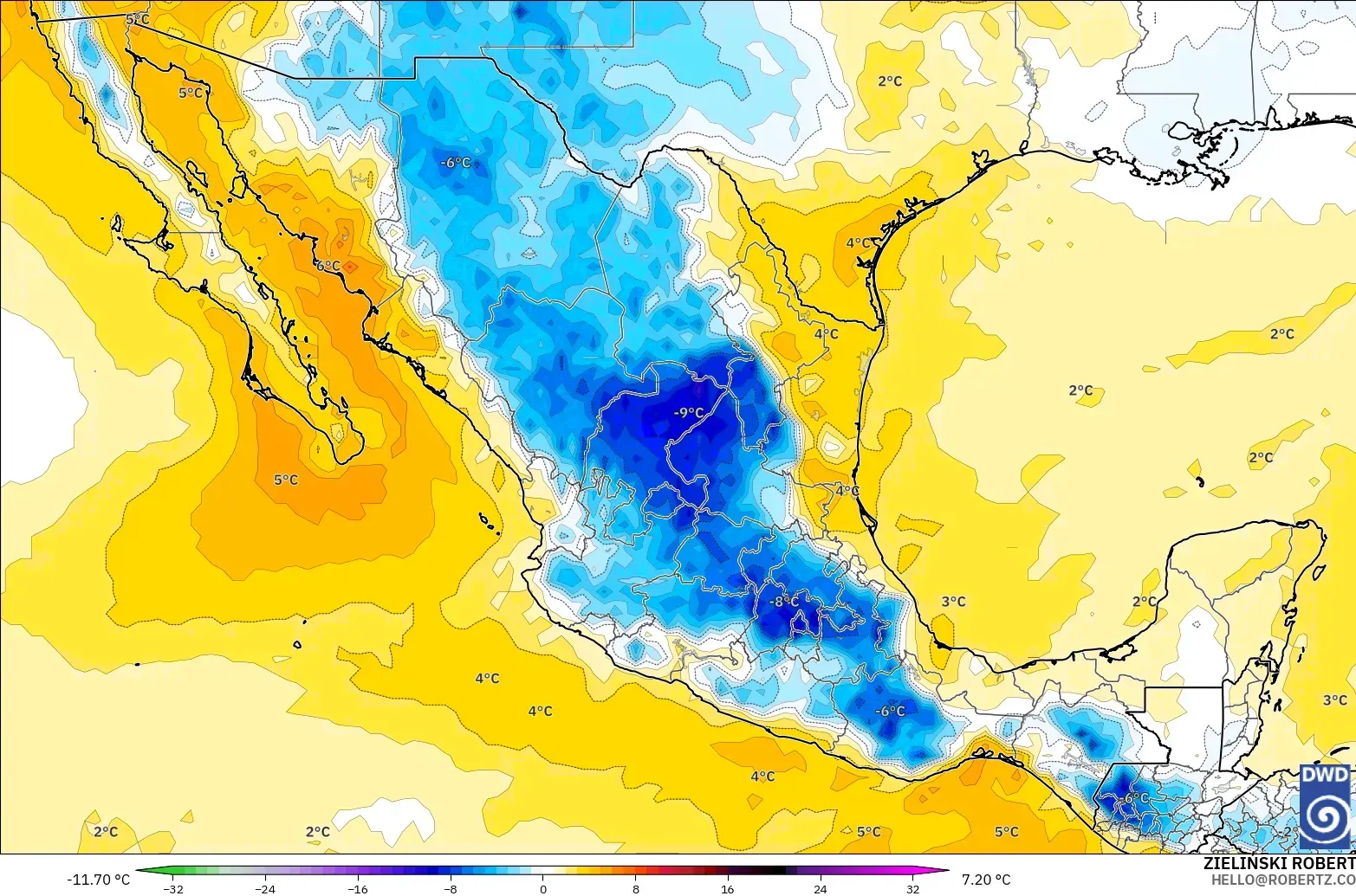 ICON モデル - メキシコ, 気温異常（850hPa）