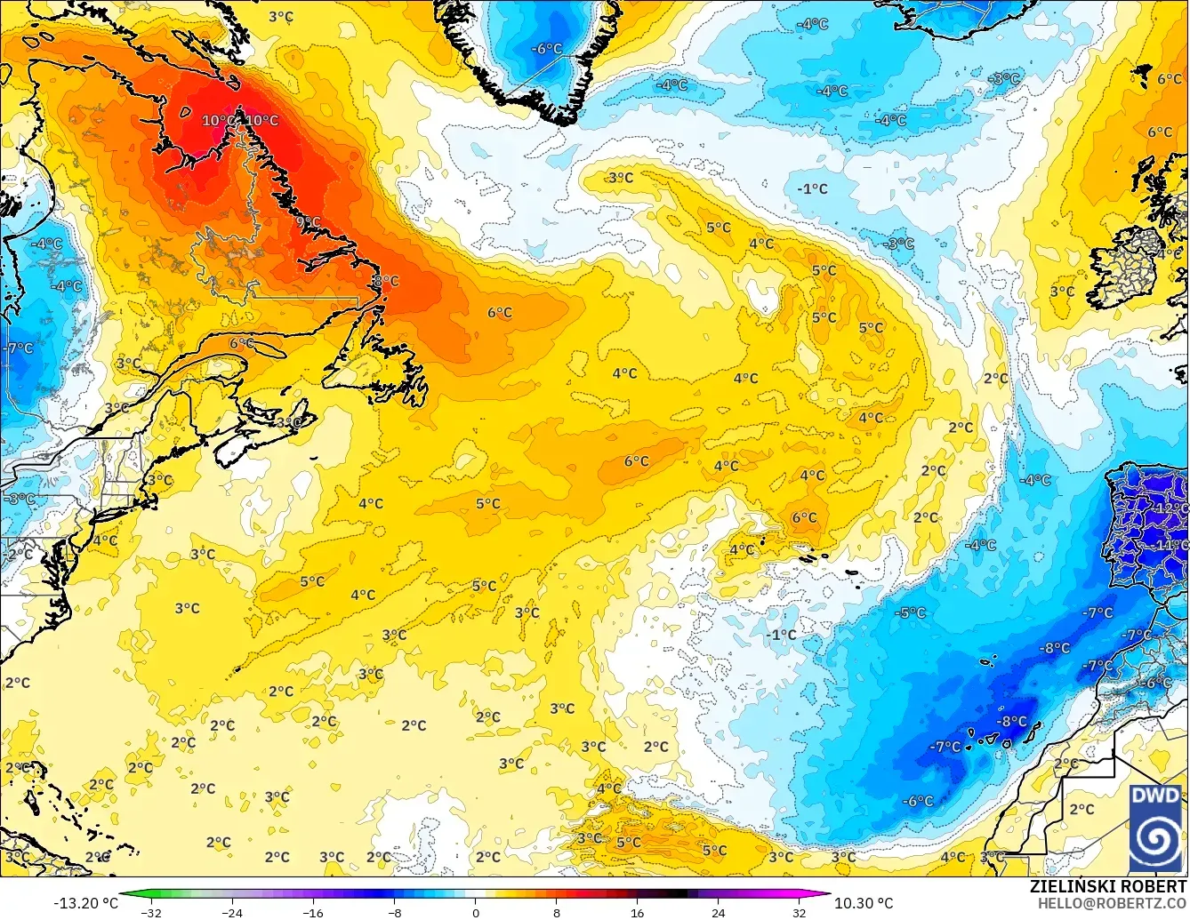 ICON モデル - 北大西洋, 気温異常（850hPa）