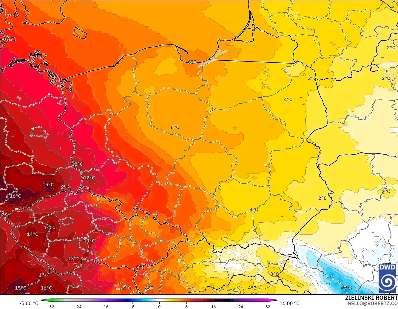 ICON モデル - ポーランド, 気温異常（850hPa）