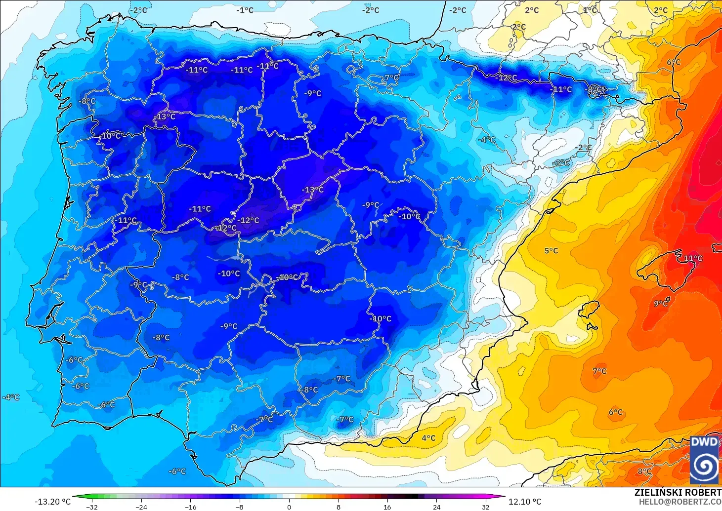 ICON モデル - スペイン, 気温異常（850hPa）