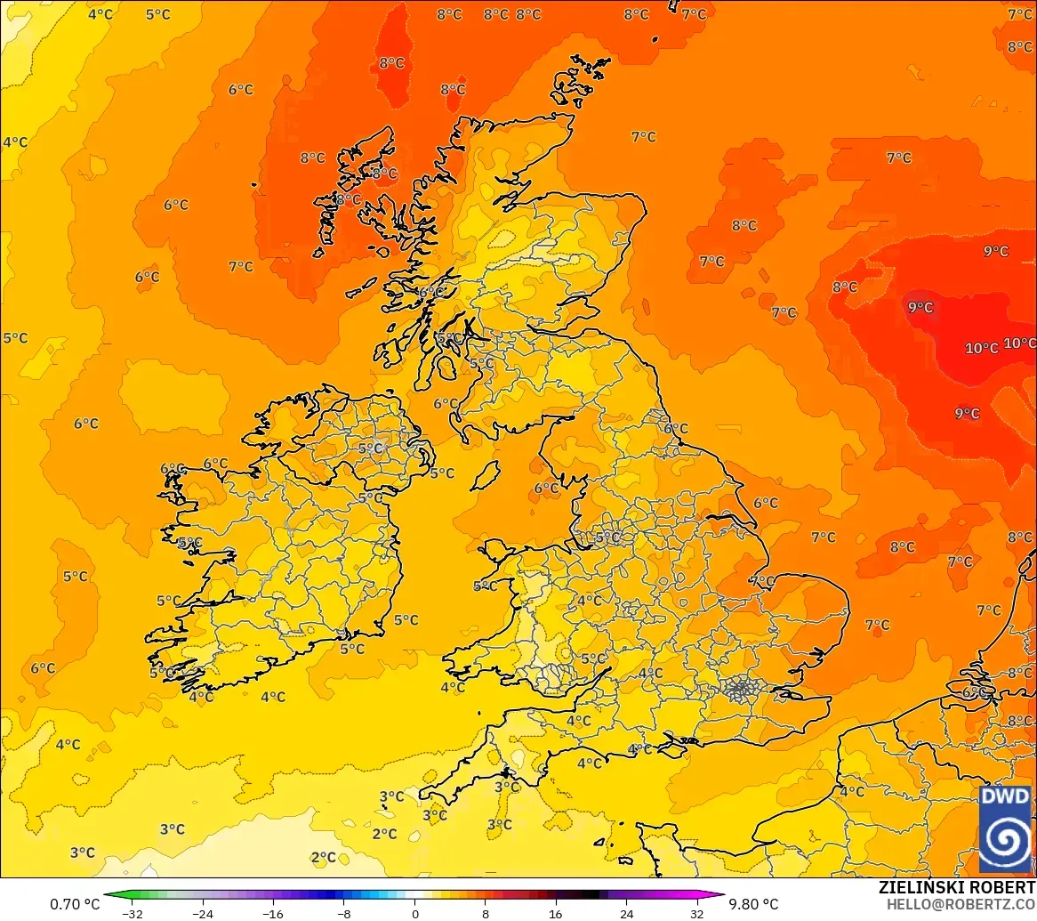 ICON モデル - イギリス, 気温異常（850hPa）