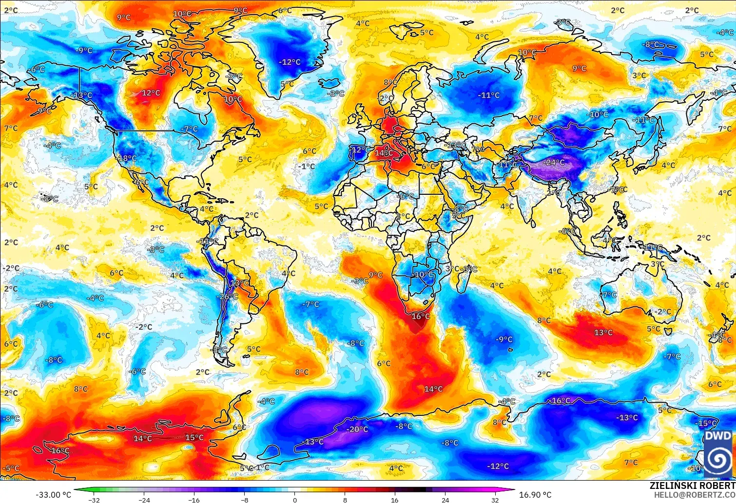 ICON モデル - 世界, 気温異常（850hPa）