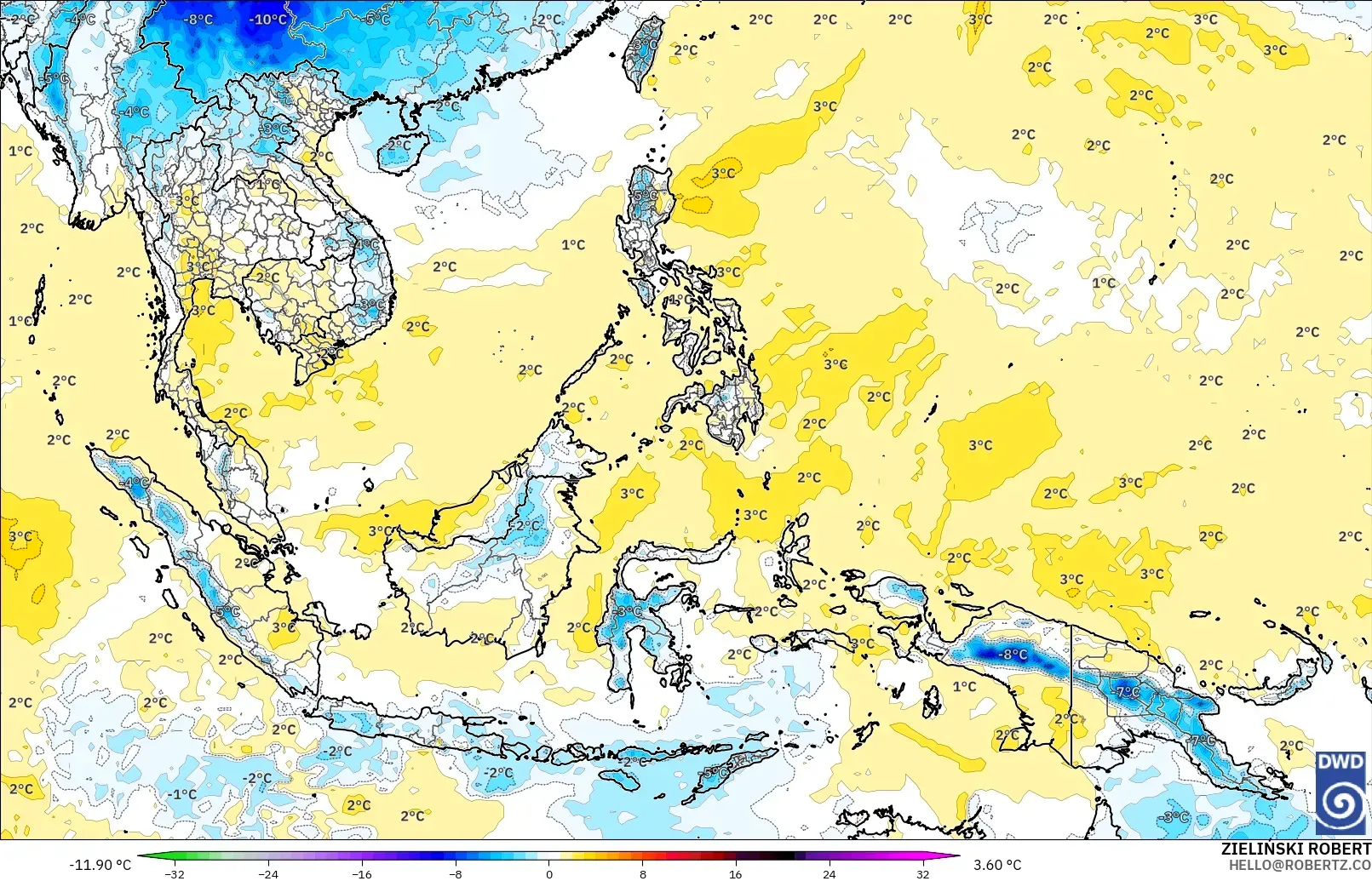 ICON モデル - 東南アジア, 気温異常（850hPa）