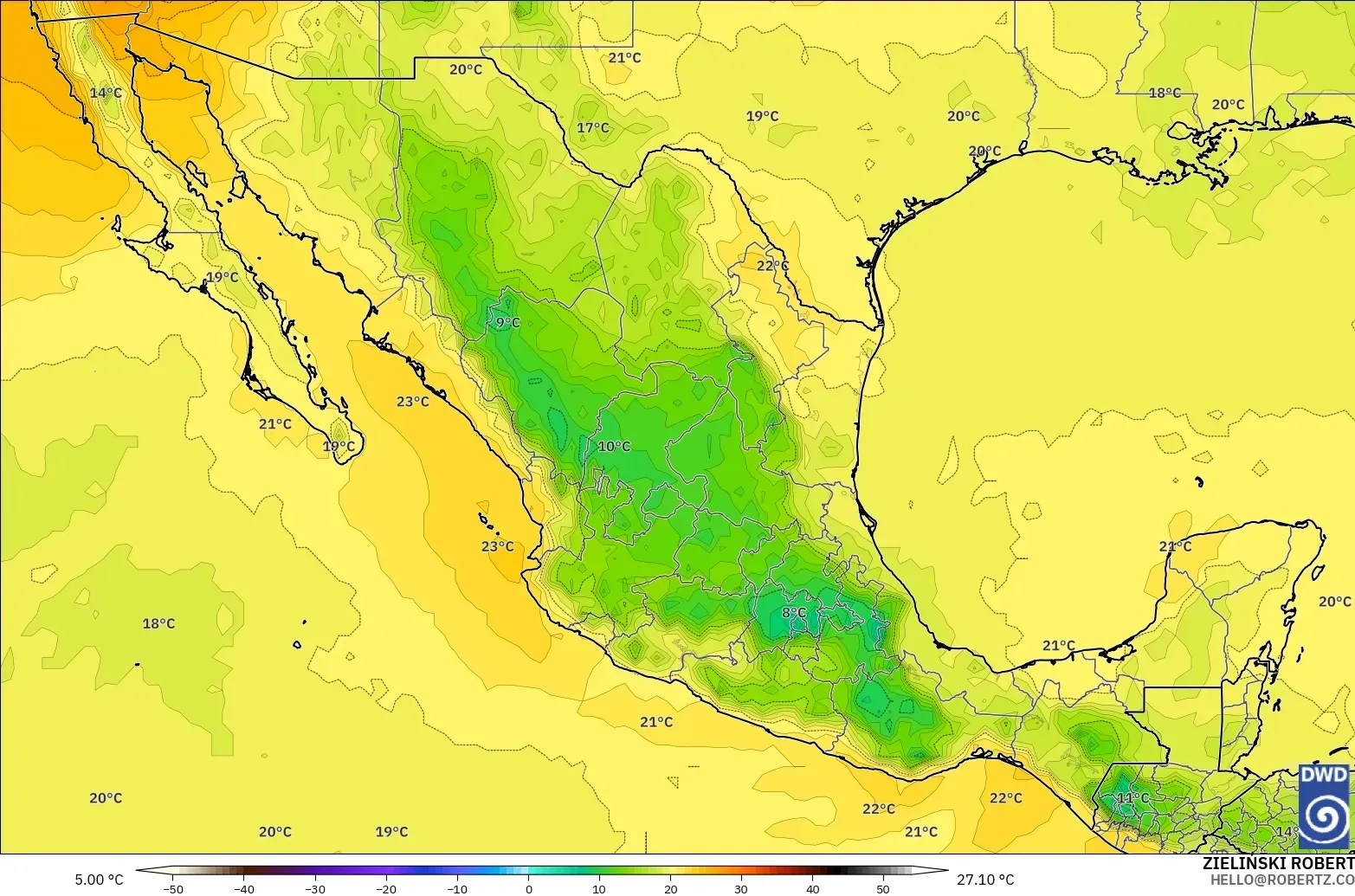 ICON モデル - メキシコ, 気温（850hPa）