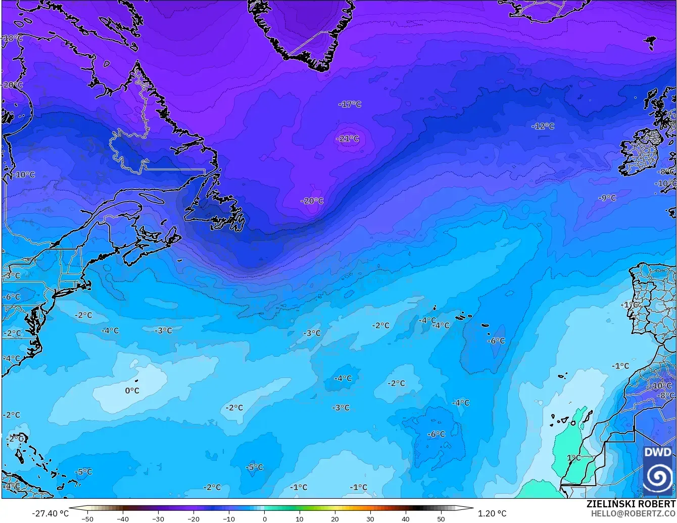 ICON モデル - 北大西洋, 気温（500hPa）