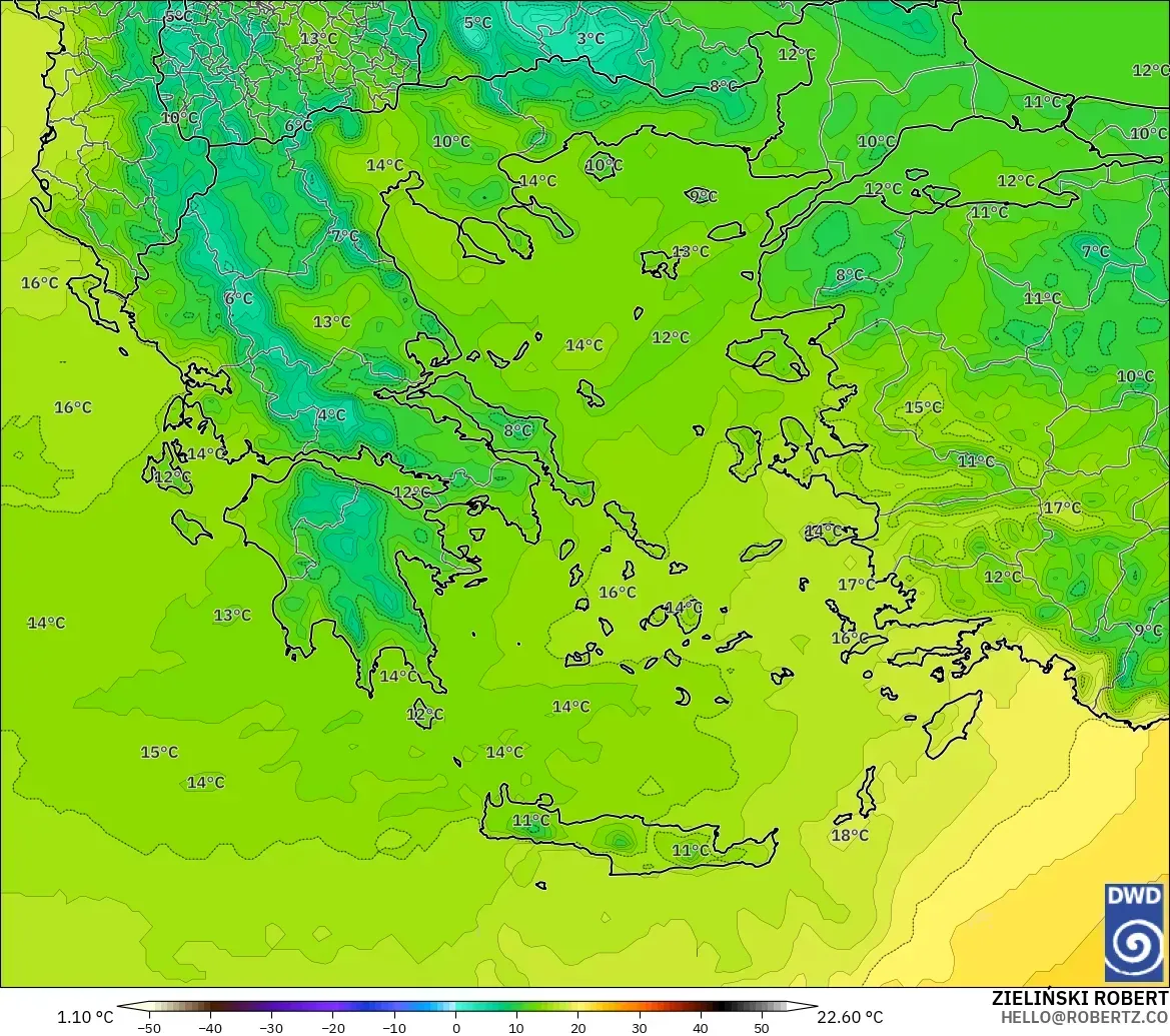 ICON モデル - ギリシャ, 気温（850hPa）