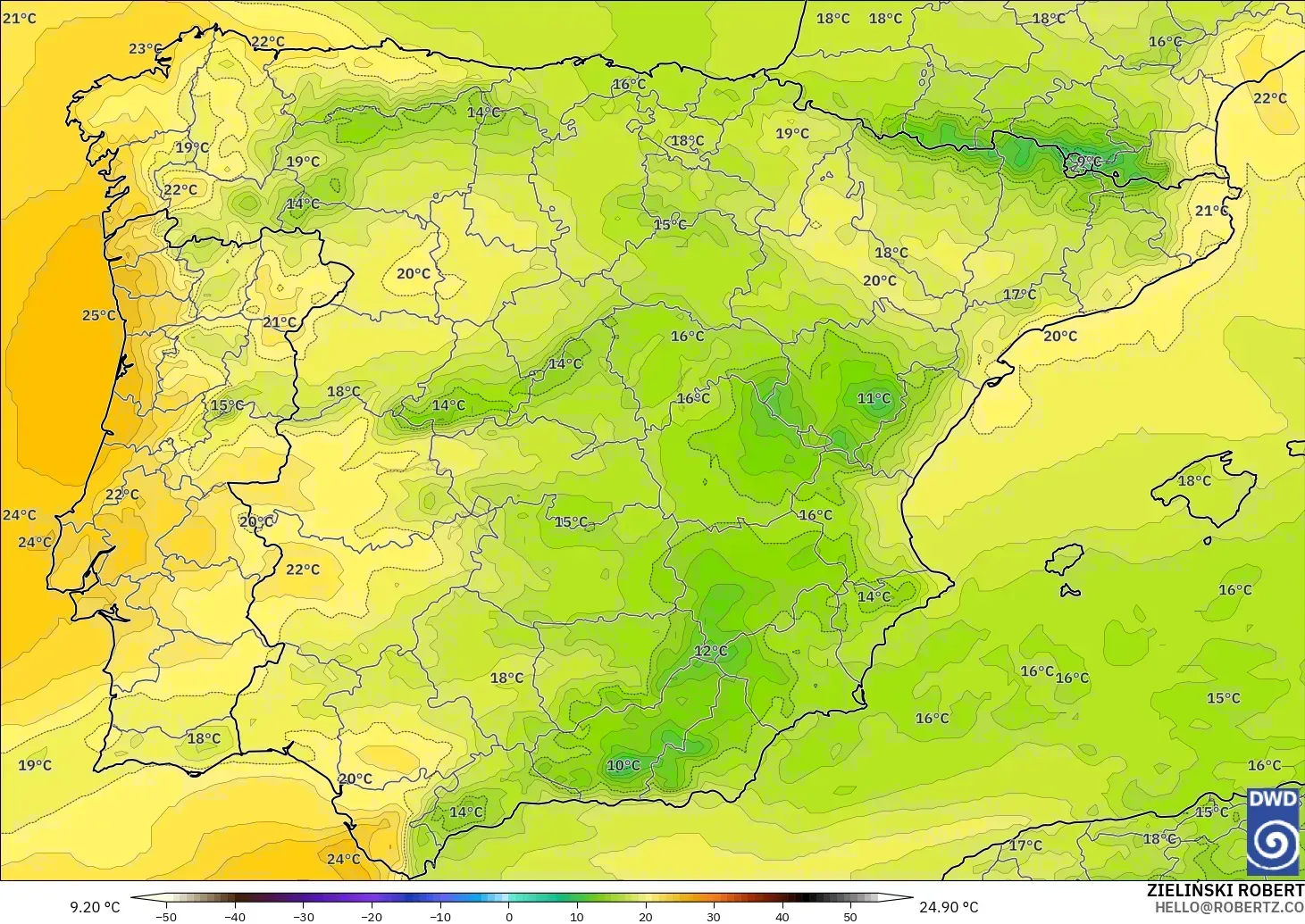 ICON モデル - スペイン, 気温（850hPa）