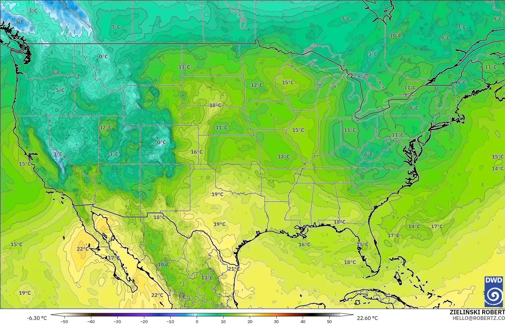 ICON モデル - アメリカ合衆国, 気温（850hPa）