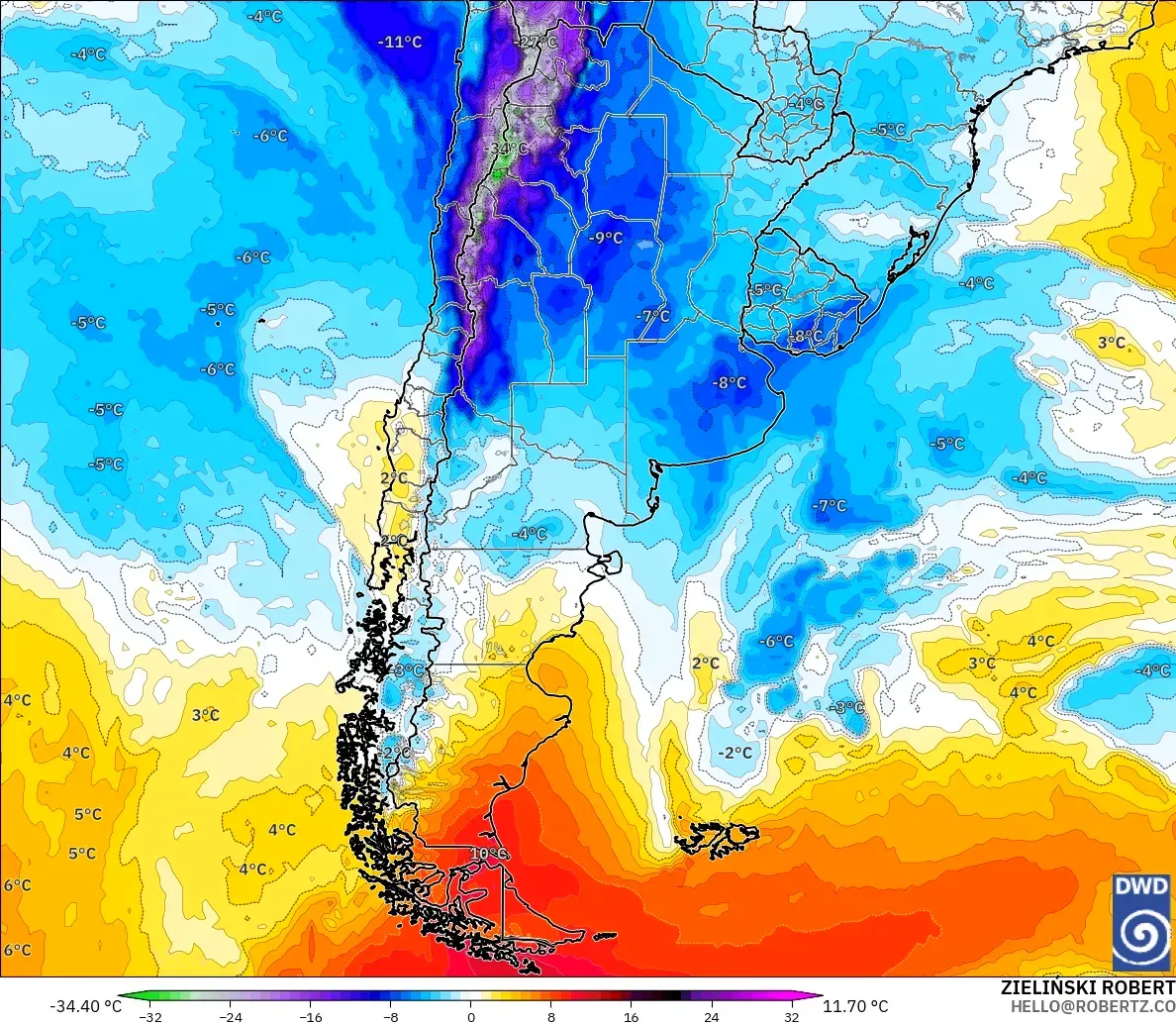 ICON モデル - アルゼンチン, 気温異常（850hPa）