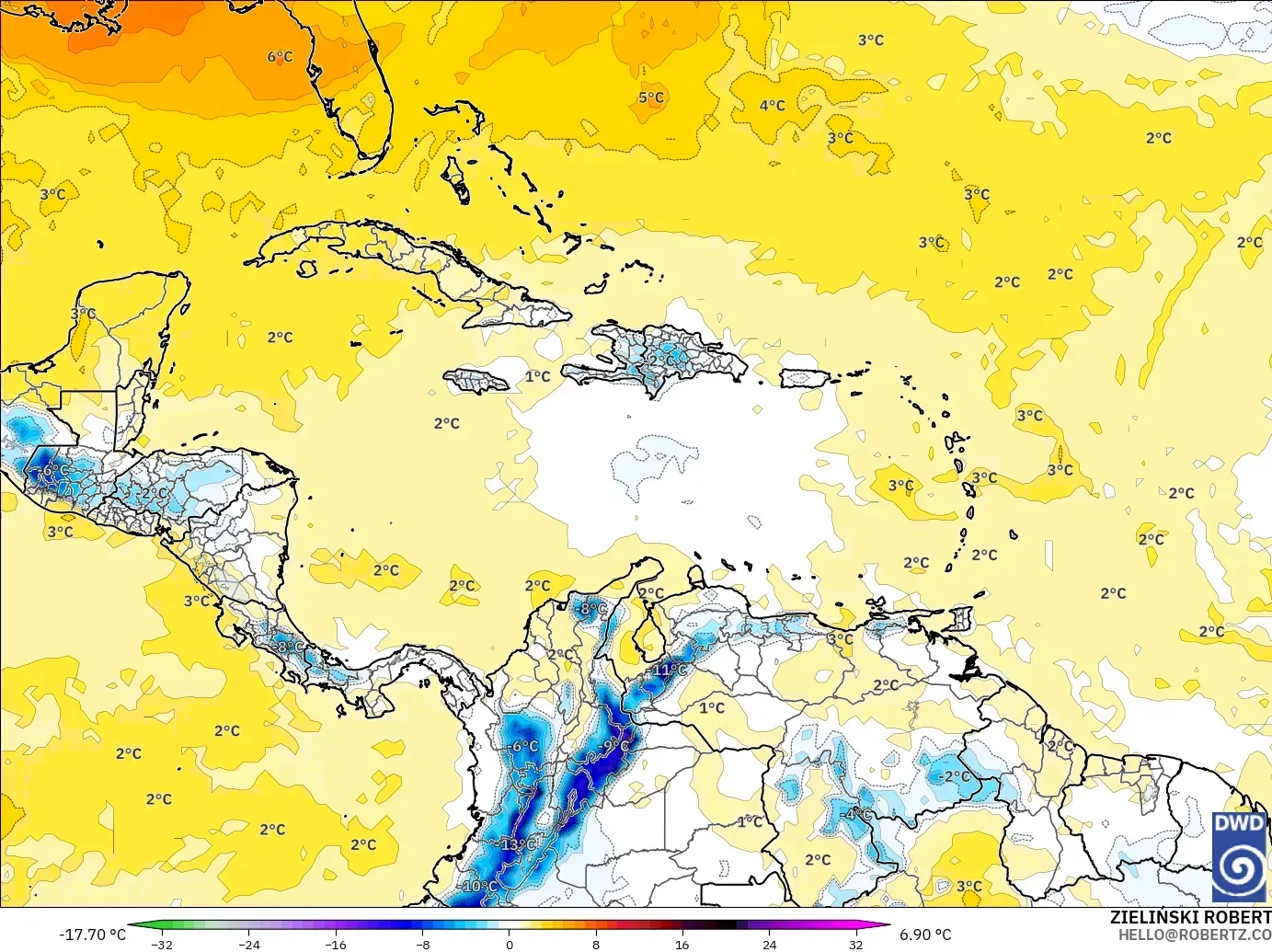 ICON モデル - カリブ海, 気温異常（850hPa）