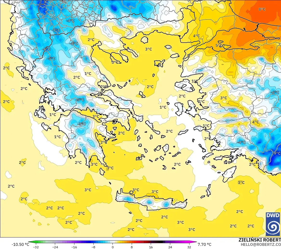ICON モデル - ギリシャ, 気温異常（850hPa）