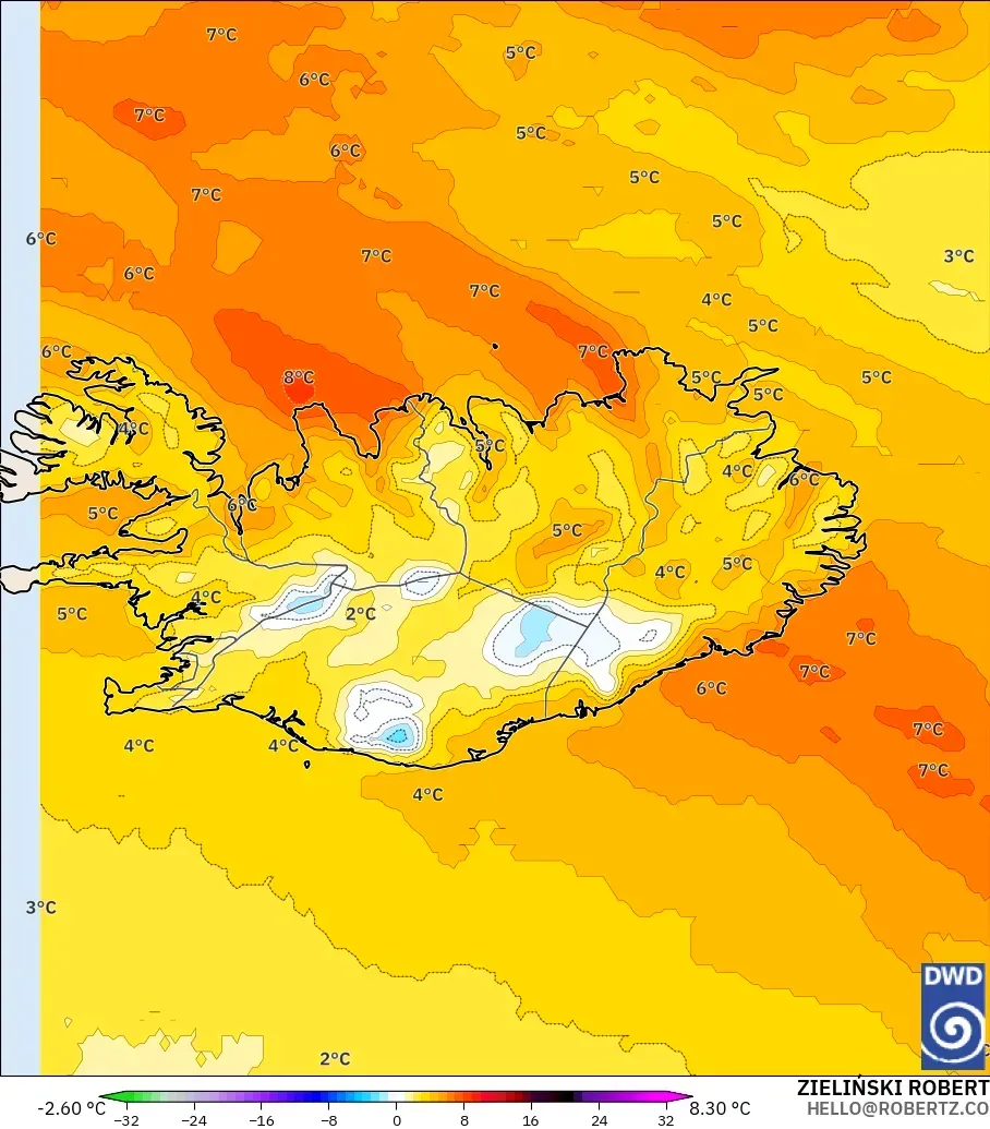 ICON モデル - アイスランド, 気温異常（850hPa）