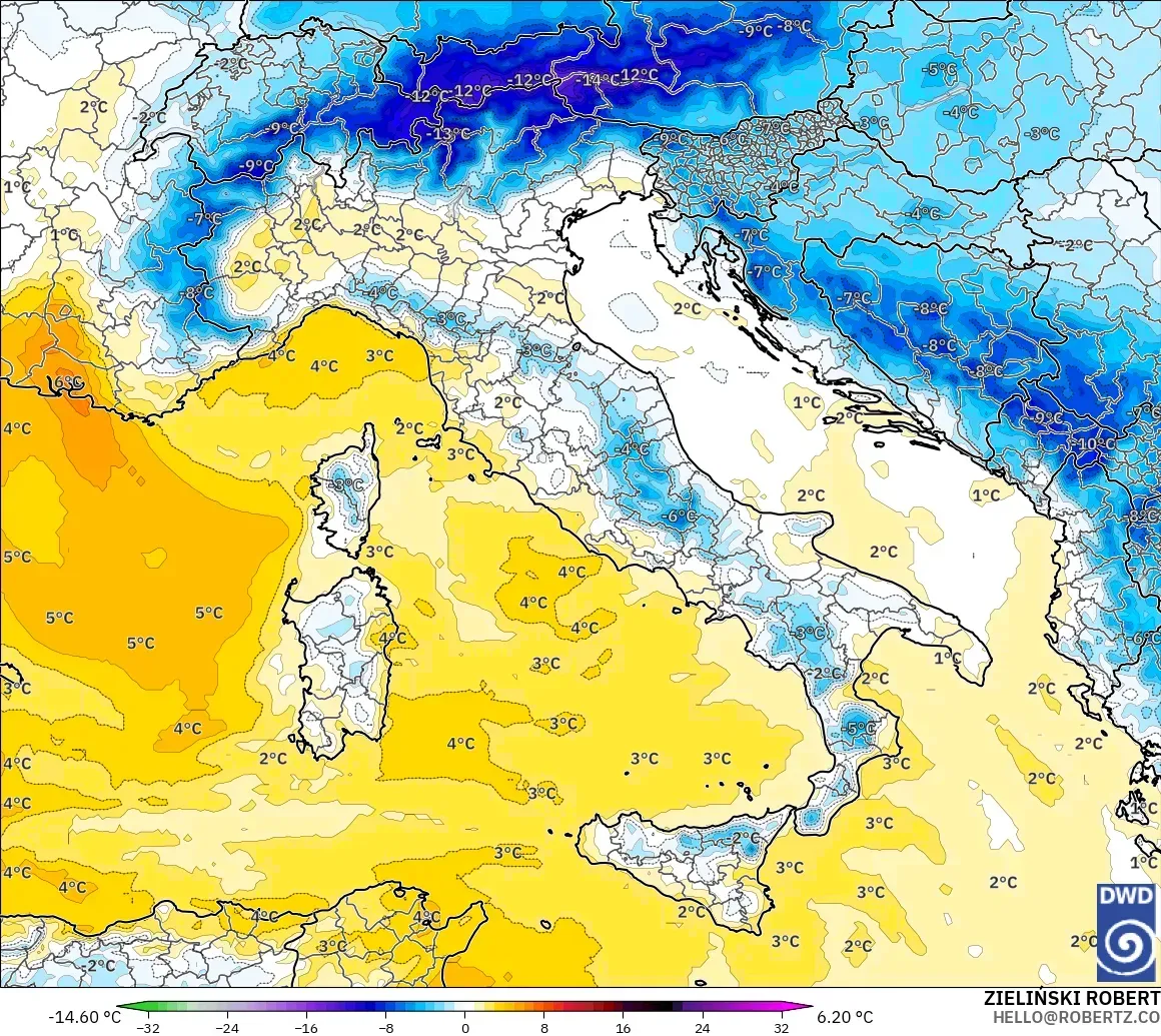 ICON モデル - イタリア, 気温異常（850hPa）
