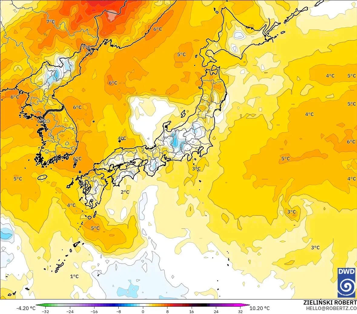 ICON モデル - 日本, 気温異常（850hPa）