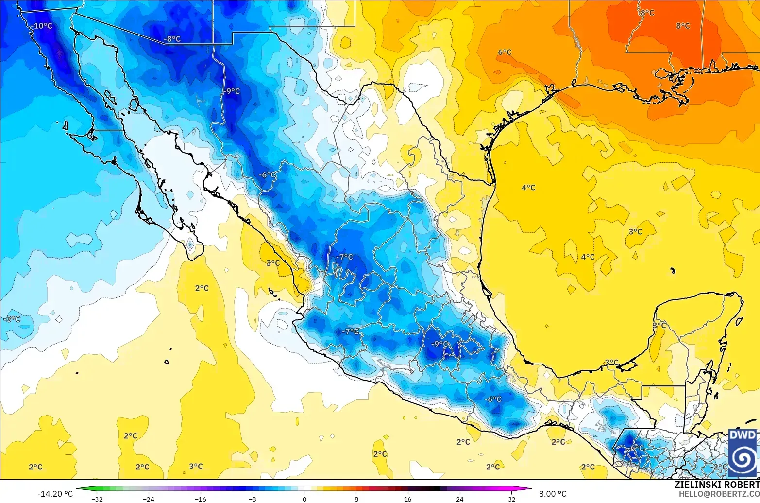 ICON モデル - メキシコ, 気温異常（850hPa）