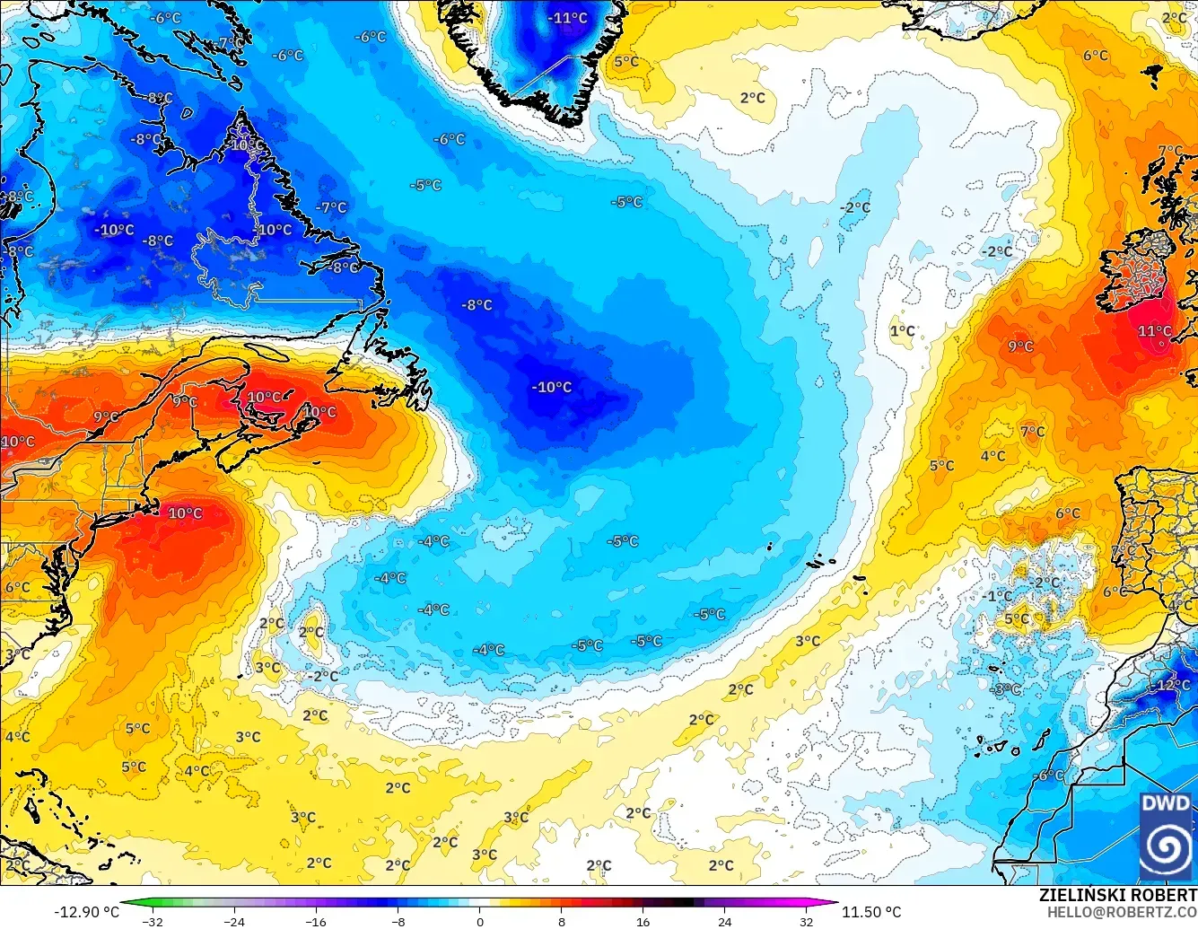 ICON モデル - 北大西洋, 気温異常（850hPa）