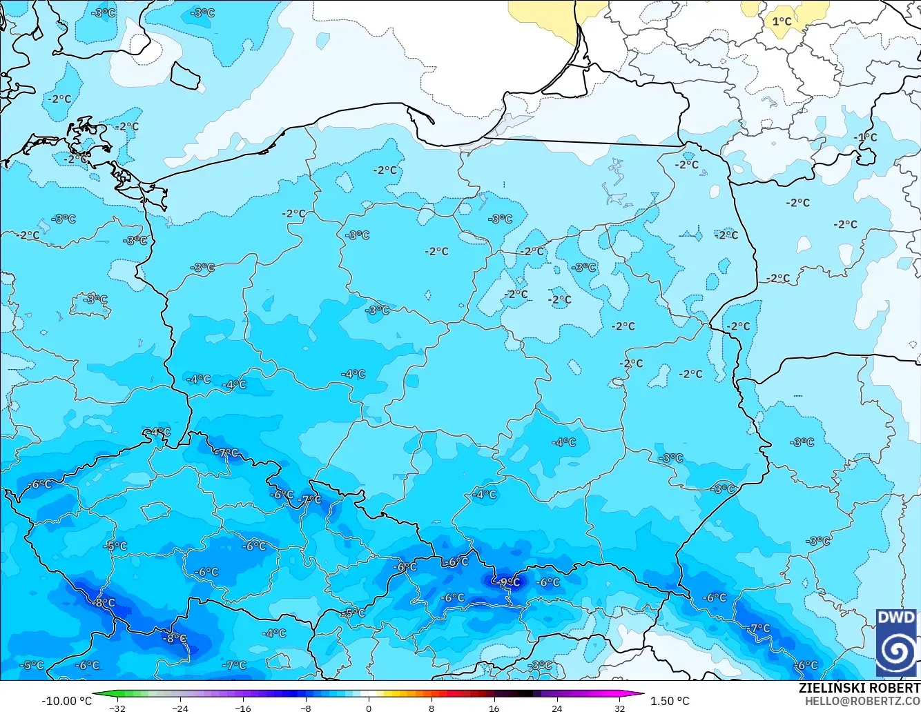 ICON モデル - ポーランド, 気温異常（850hPa）