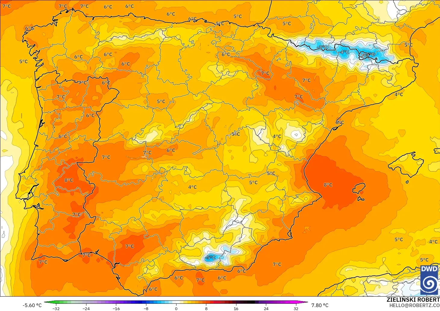ICON モデル - スペイン, 気温異常（850hPa）