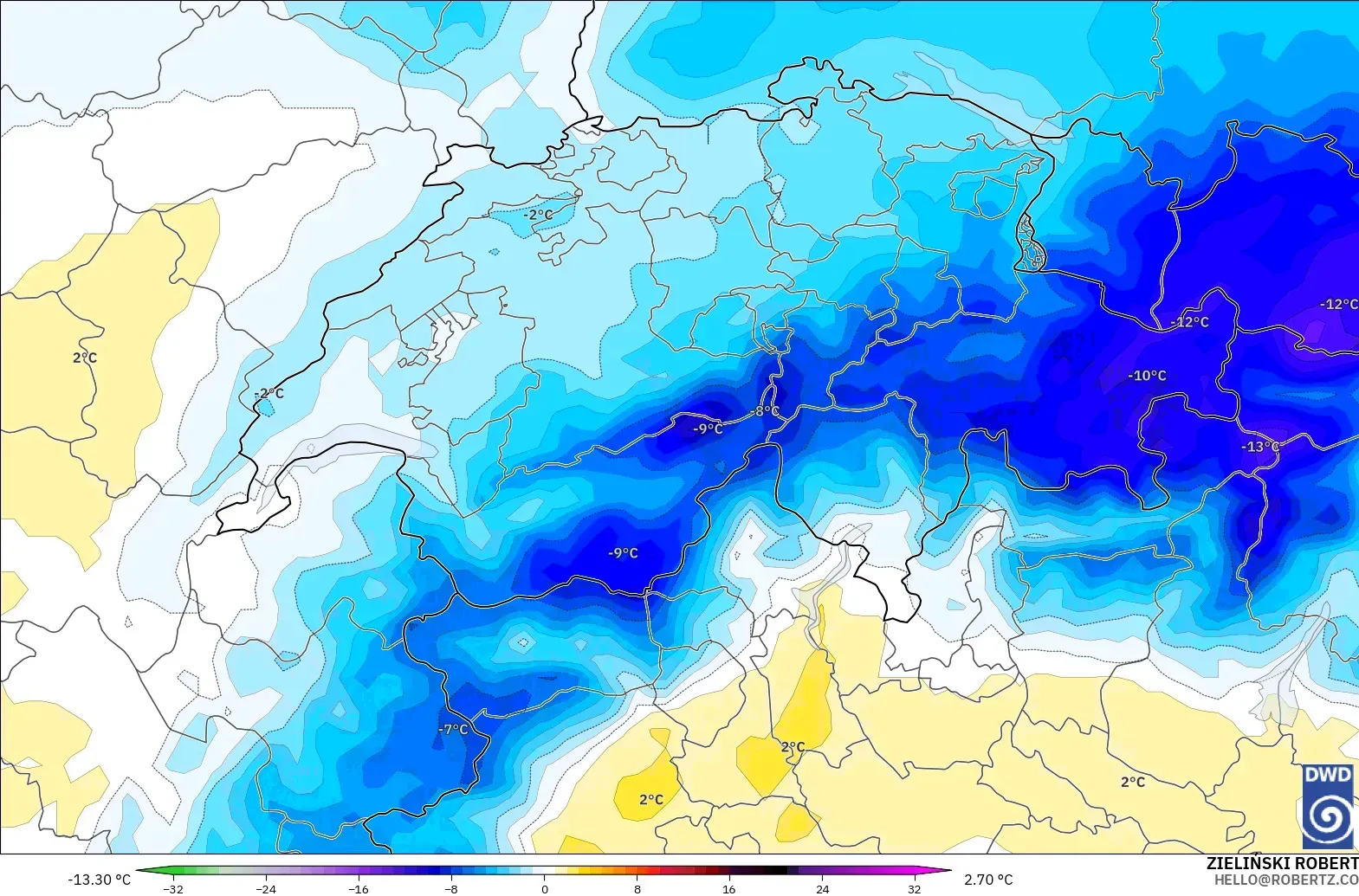 ICON モデル - スイス, 気温異常（850hPa）