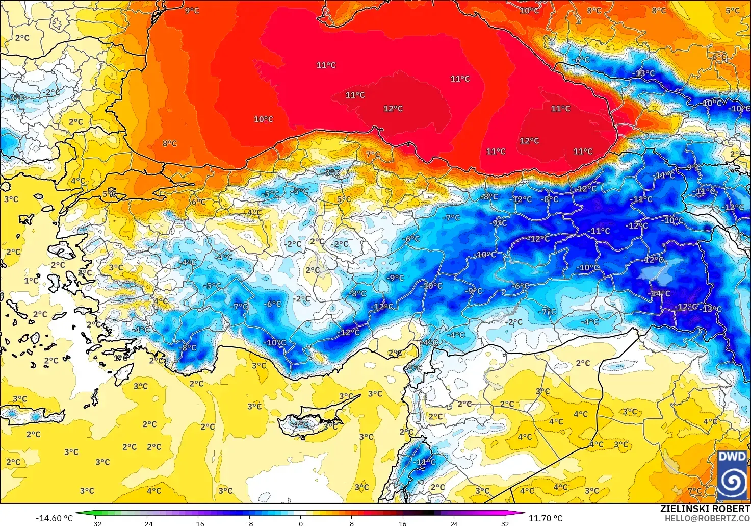 ICON モデル - トルコ, 気温異常（850hPa）