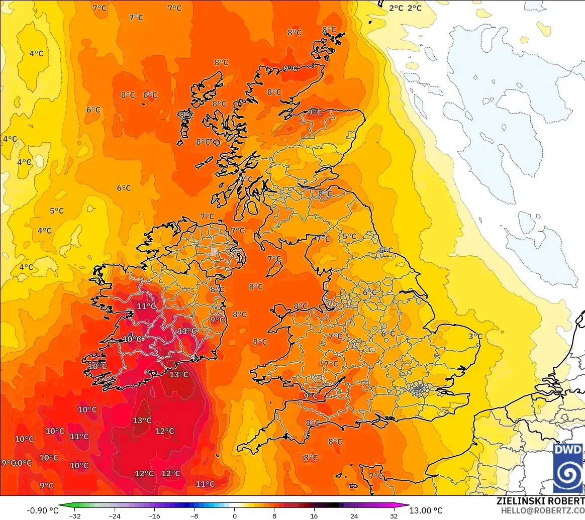 ICON モデル - イギリス, 気温異常（850hPa）