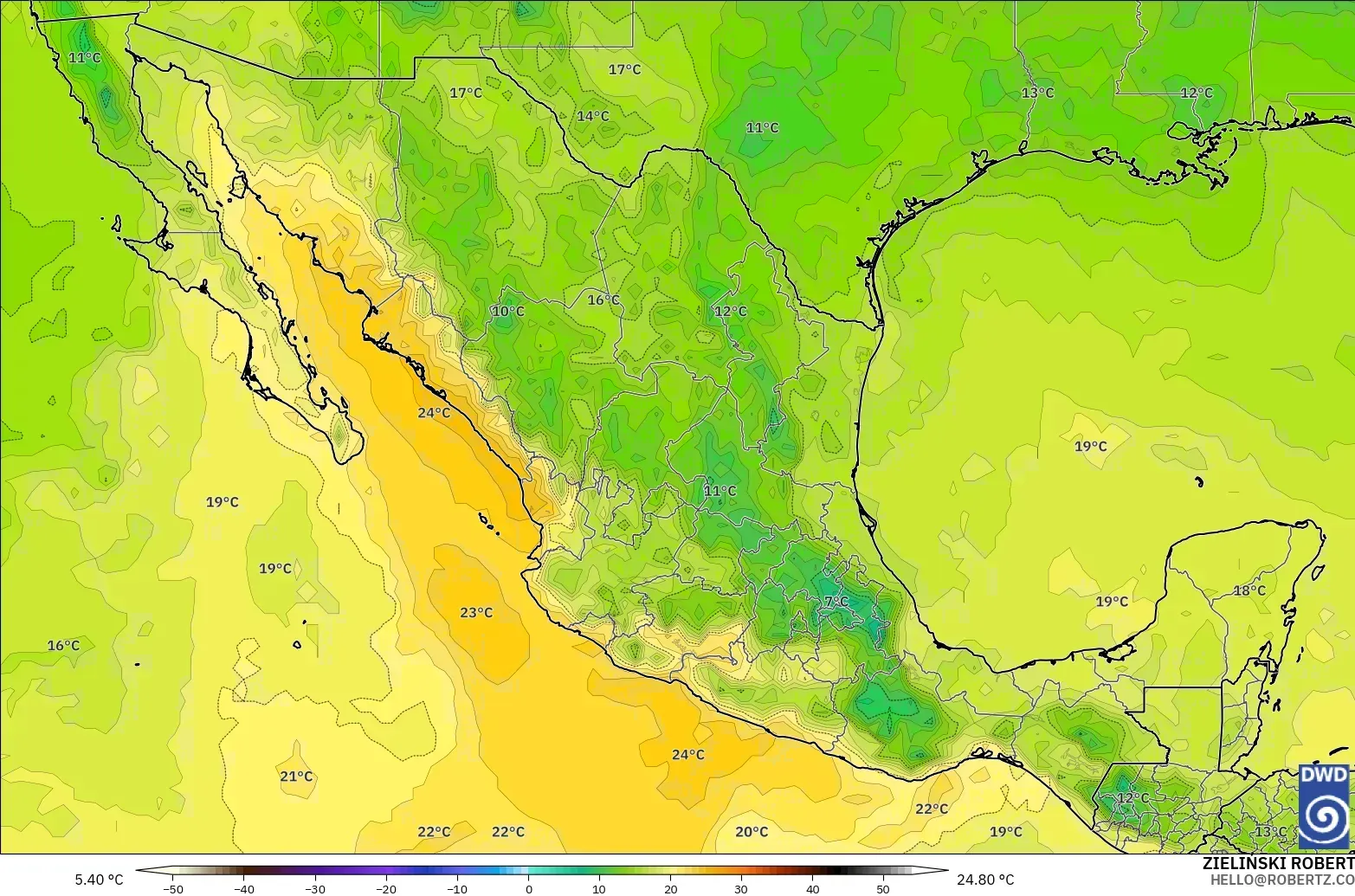 ICON モデル - メキシコ, 気温（850hPa）