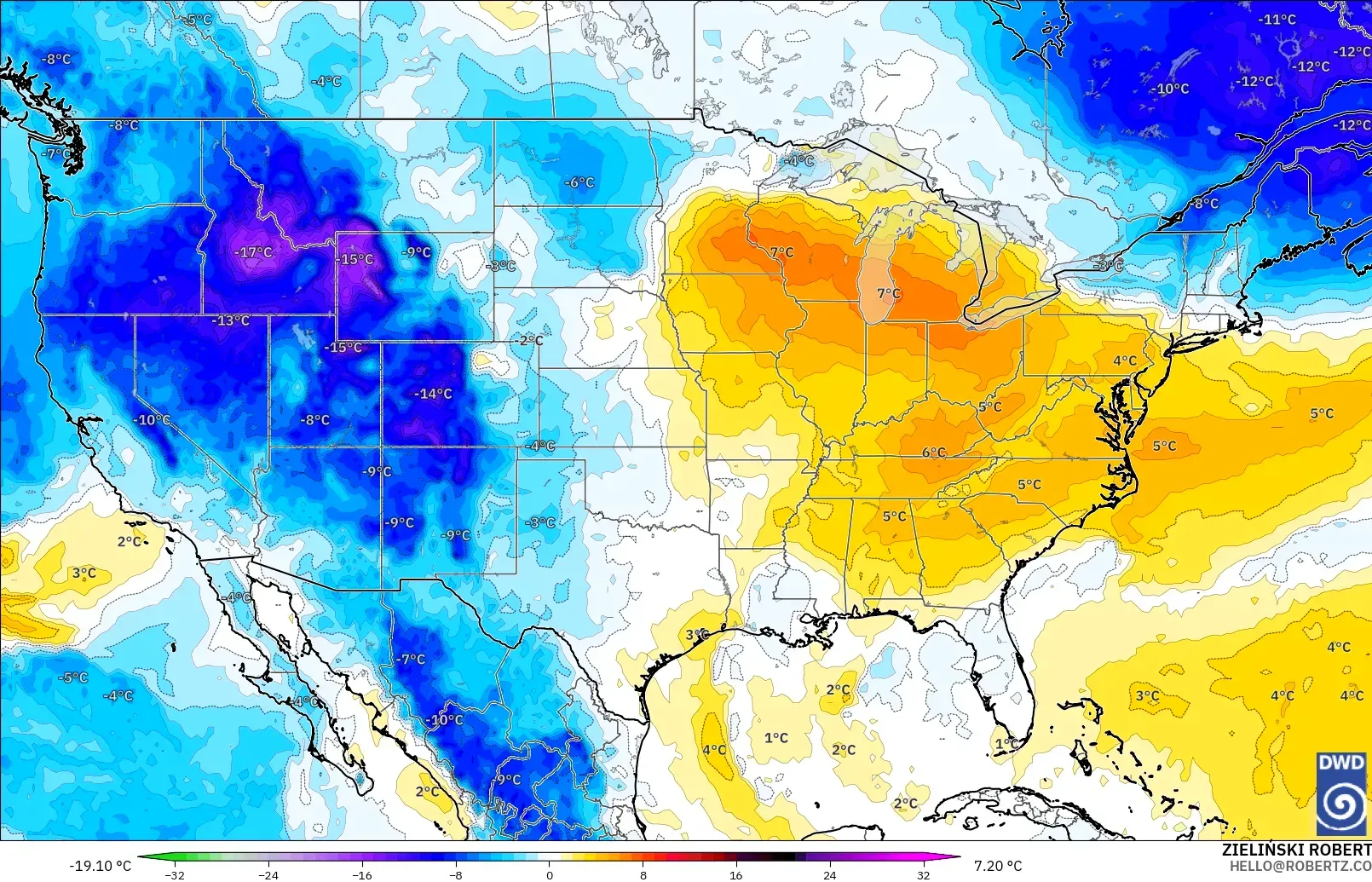 ICON モデル - アメリカ合衆国, 気温異常（850hPa）