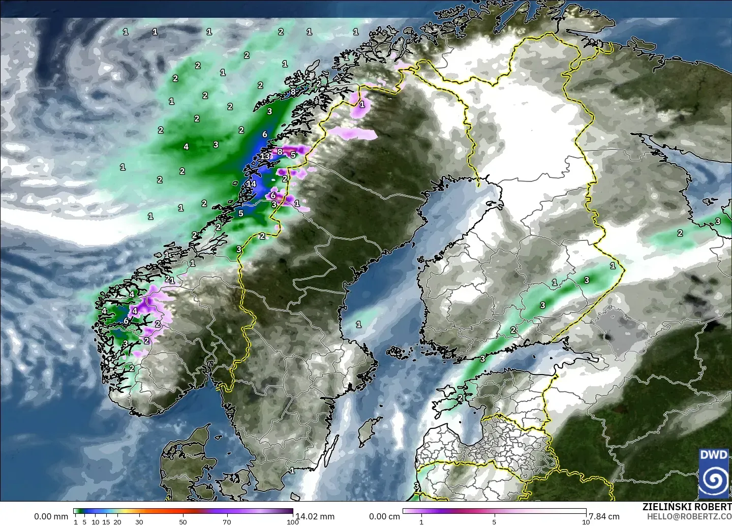 ICON モデル - スカンジナビア, 降水量、雲、気圧