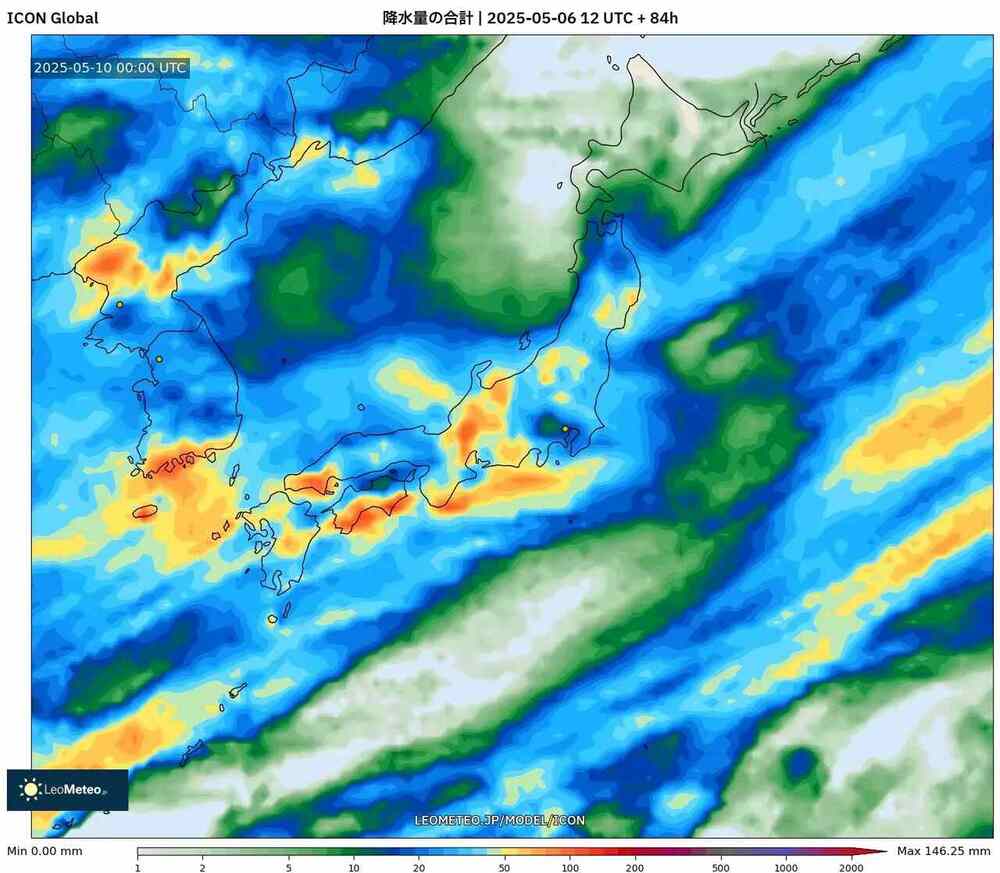 ICONモデルによる日本の総降水量予測（2025年5月10日）― 西日本中心に大雨の可能性