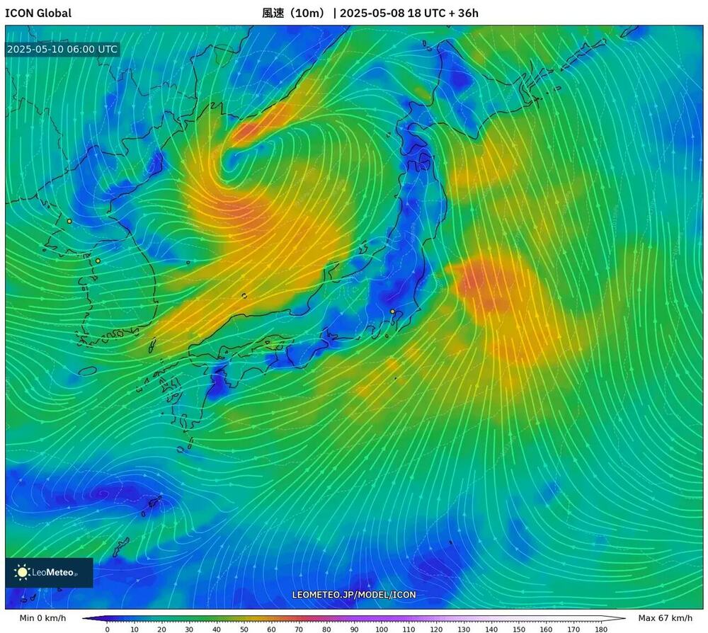 2025年5月10日06時（UTC）ICONモデルによる風速予測図（10m）