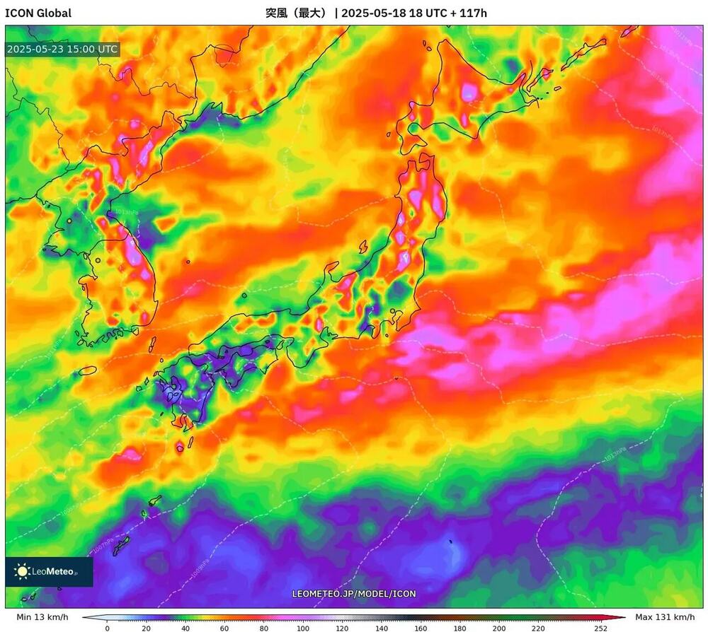 最大瞬間風速予測（+117時間）- 2025年5月23日 15時JST