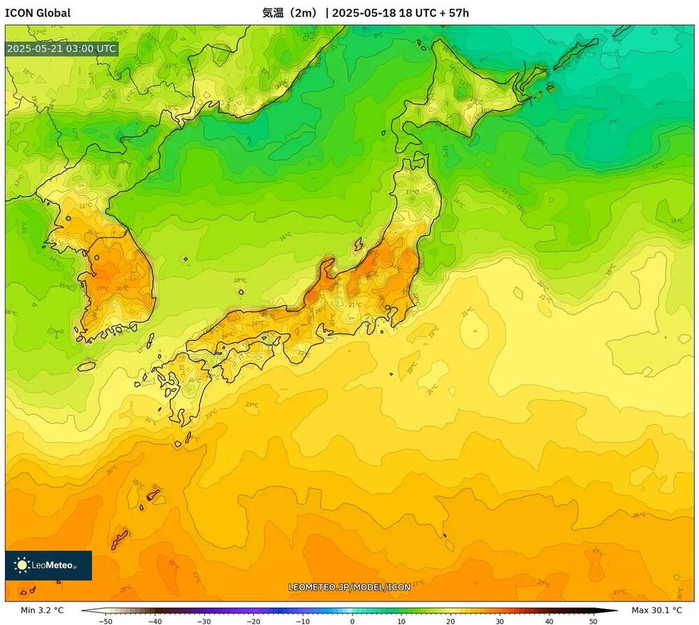 2m気温分布（+57時間）- 2025年5月21日 03時JST